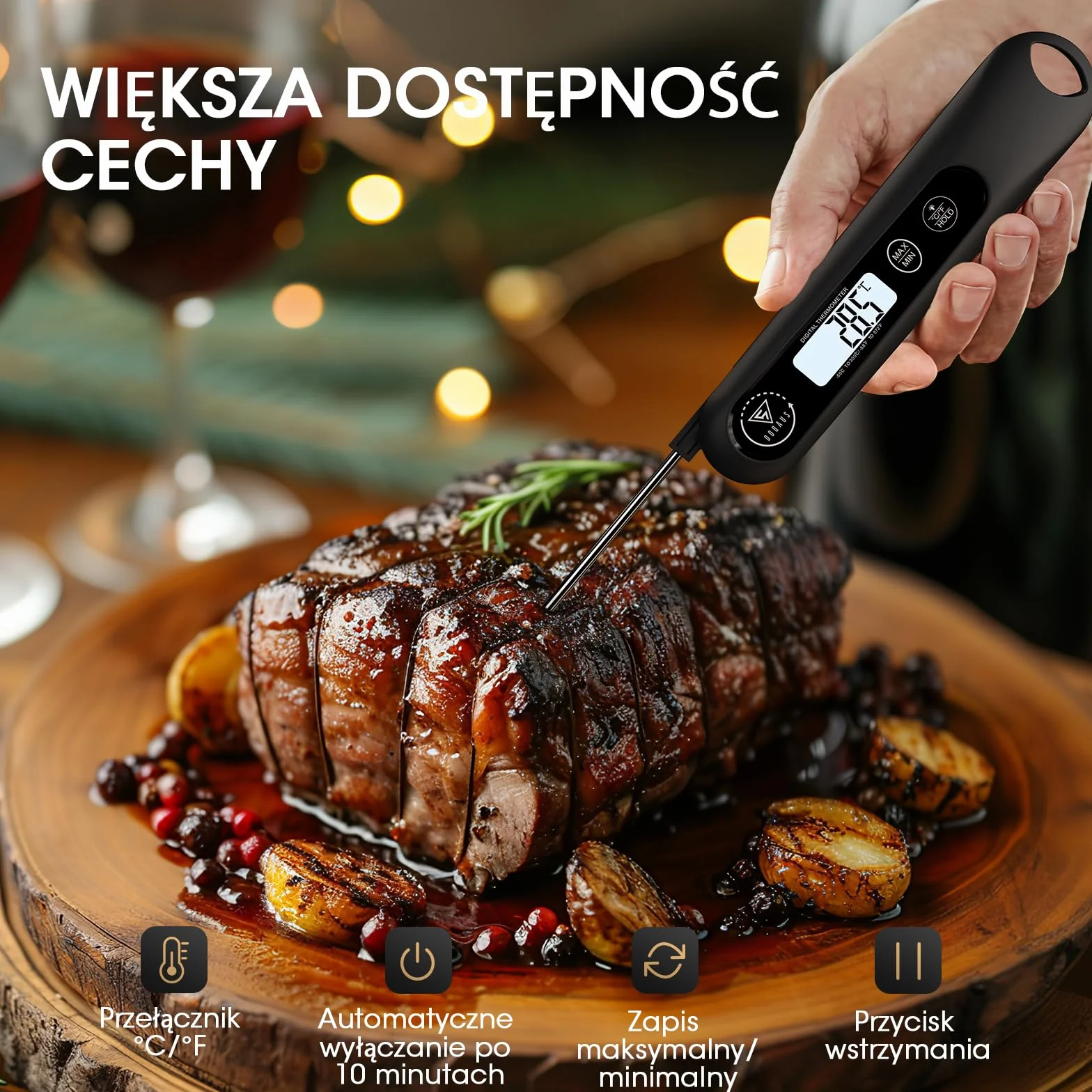 DOQAUS Cyfrowy termometr do mięsa, błyskawiczny termometr do żywności z podświetlanym ekranem LCD, składana długa sonda i automatyczne włączanie/wyłączanie, termometr do grilla, termometr do kuchni, g