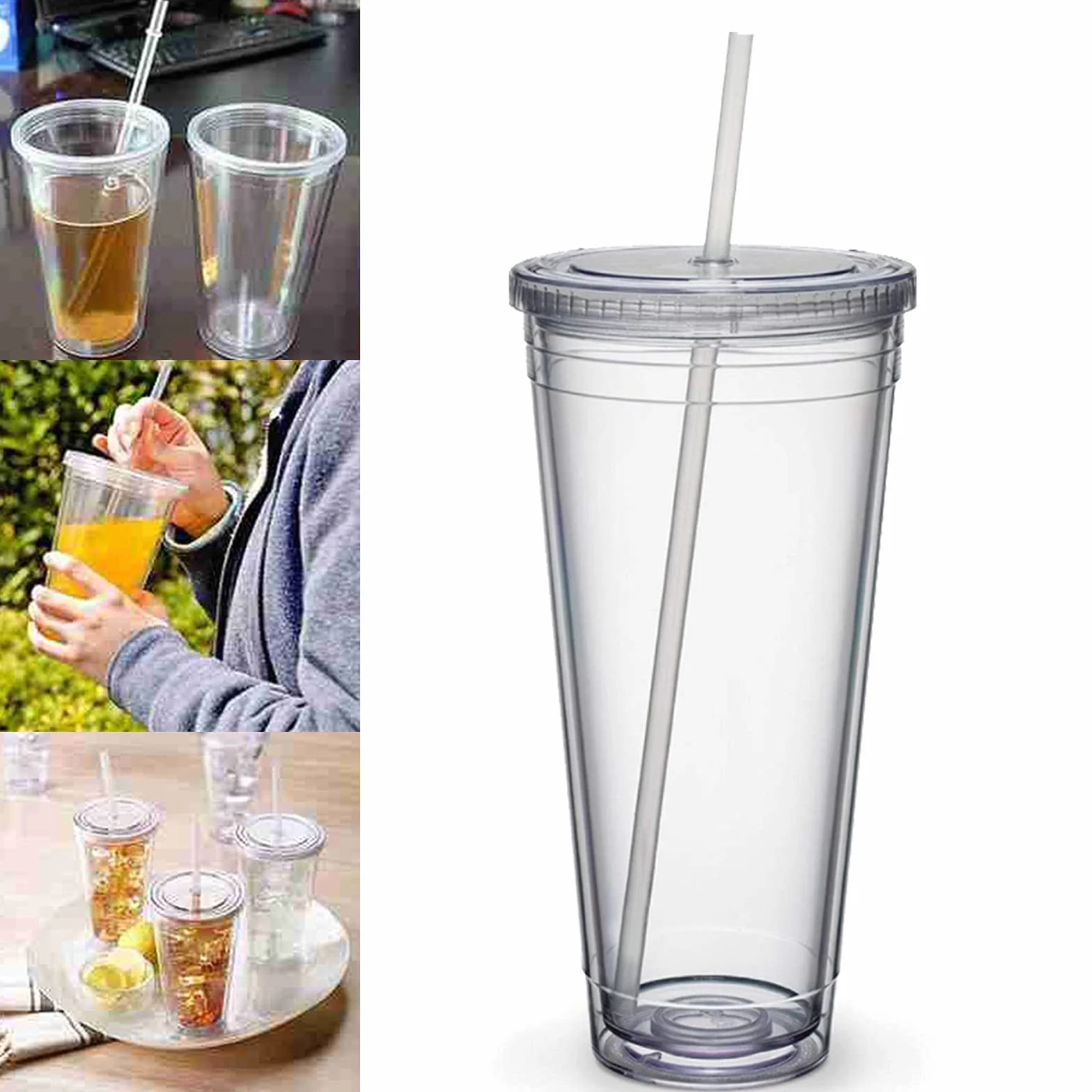 Plastikowy kubek podróżny ze słomką, dwuwarstwowy kubek z tworzywa sztucznego, szczelny kubek na sok owocowy, smoothie, kawę, kawę mrożoną (650 ml)