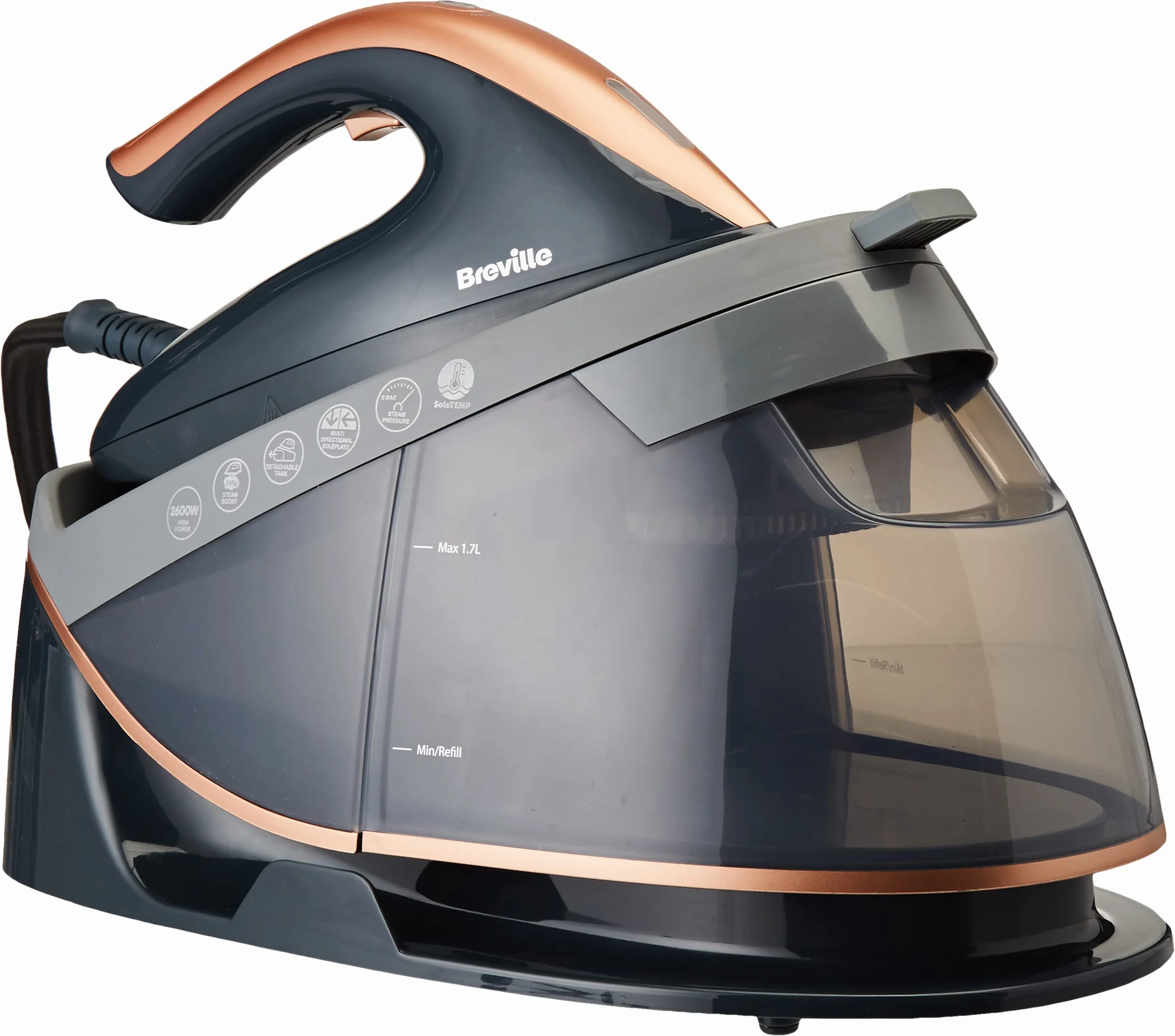 Breville Stacja parowa PressXpress soleTEMP | stała moc pary 115 g/min | 2600 W żelazko parowe z wielokierunkową podeszwą | zdejmowany zbiornik na wodę 1,7 l | szary i różowe złoto [VIN411X]