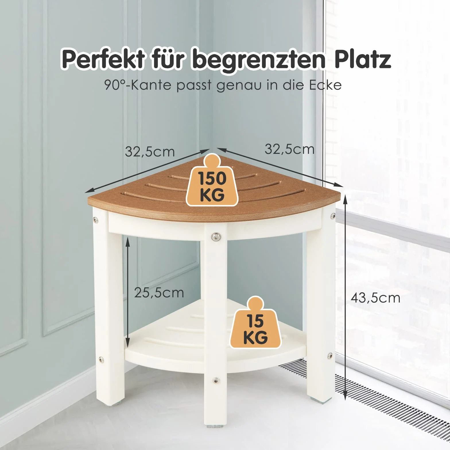 COSTWAY Ławeczka prysznicowa, ławka do siedzenia z półką, taboret łazienkowy, kształt wachlarza, obciążenie do 165 kg, ławka łazienkowa, krzesło prysznicowe, brązowy + biały, 32,5 x 32,5 x 43,5 cm