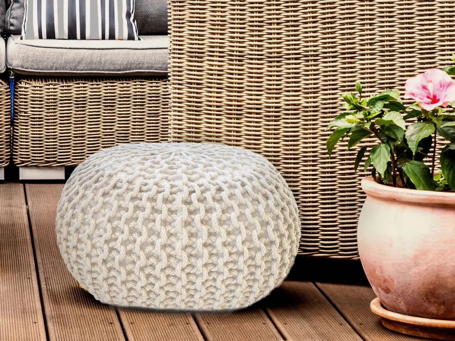 casamia lipizano puf puf pufa z dzianiny Ø 55 cm Premium do wnętrz tarasu basenu ogrodu nadaje się do prania, kolor beżowy