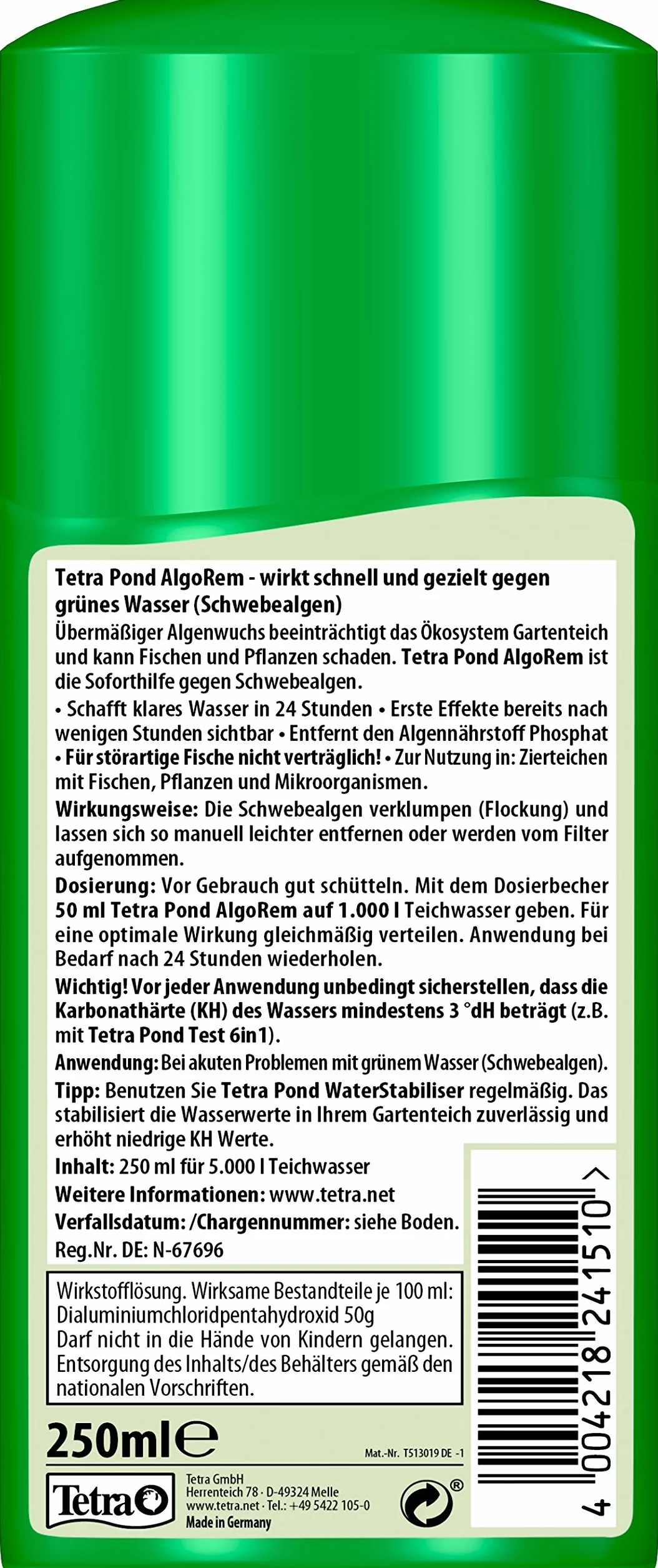 Tetra Pond AlgoRem – 24-godzinna natychmiastowa pomoc przeciwko zielonej wodzie w stawie ogrodowym, zwalcza unoszące się algi, butelka 250 ml