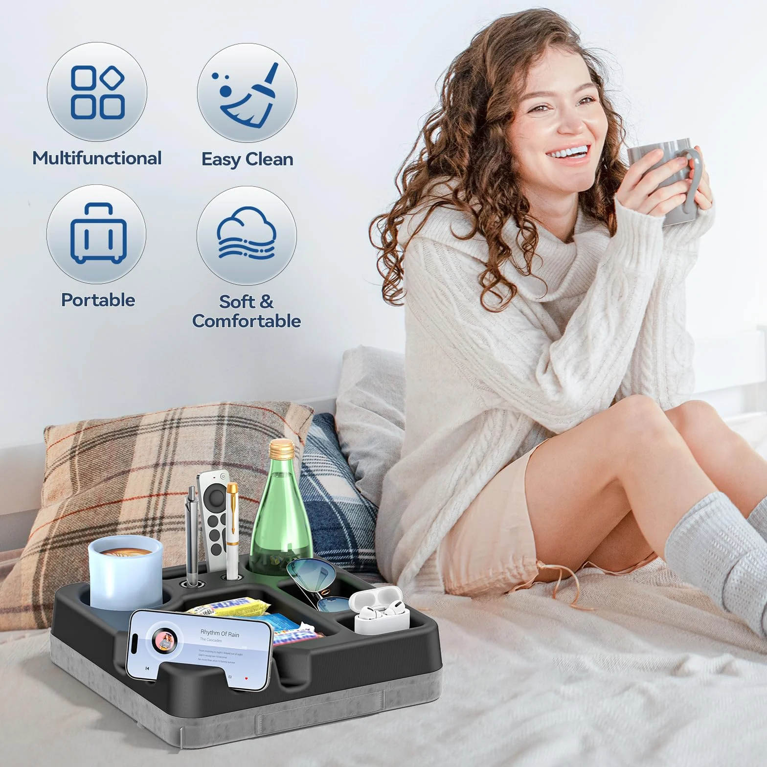 Taca na kubek na kanapę – przenośna sofa łóżko uchwyt na kubek poduszka z tacą na przekąski, zdalny pojemnik, długopis, telefon i tablet - organizer na stół kanapowy na łóżko, sofę, kampera, samochód