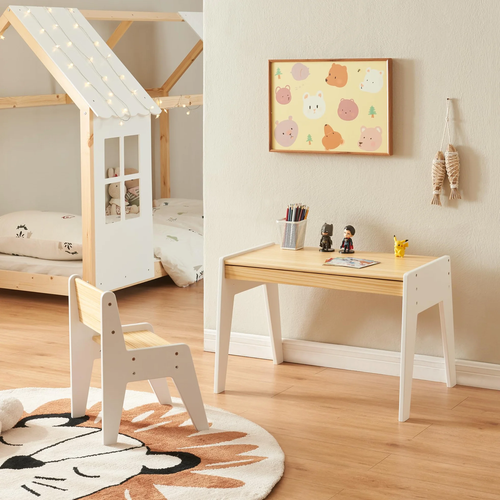 [en.casa] Skinnskatteberg biurko dziecięce z krzesłem, stół dziecięcy z szufladą, krzesło do biurka z podłokietnikami, drewno, kolor biały, stół do malowania dla dzieci