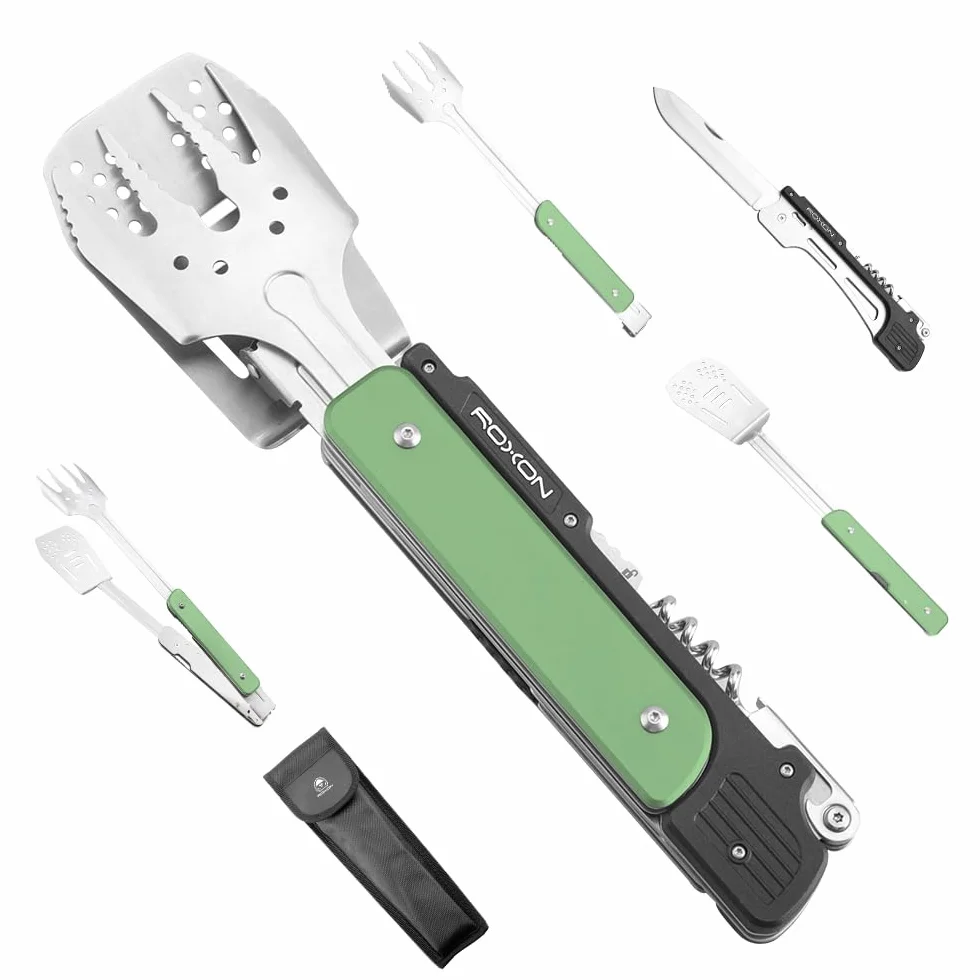 ROXON S601 35.6 cm 6 w 1 MBT3 składany zestaw przyborów do grilla, widelec, szpatułka, nóż do grillowania, szczypce do grilla i kempingu, zielony