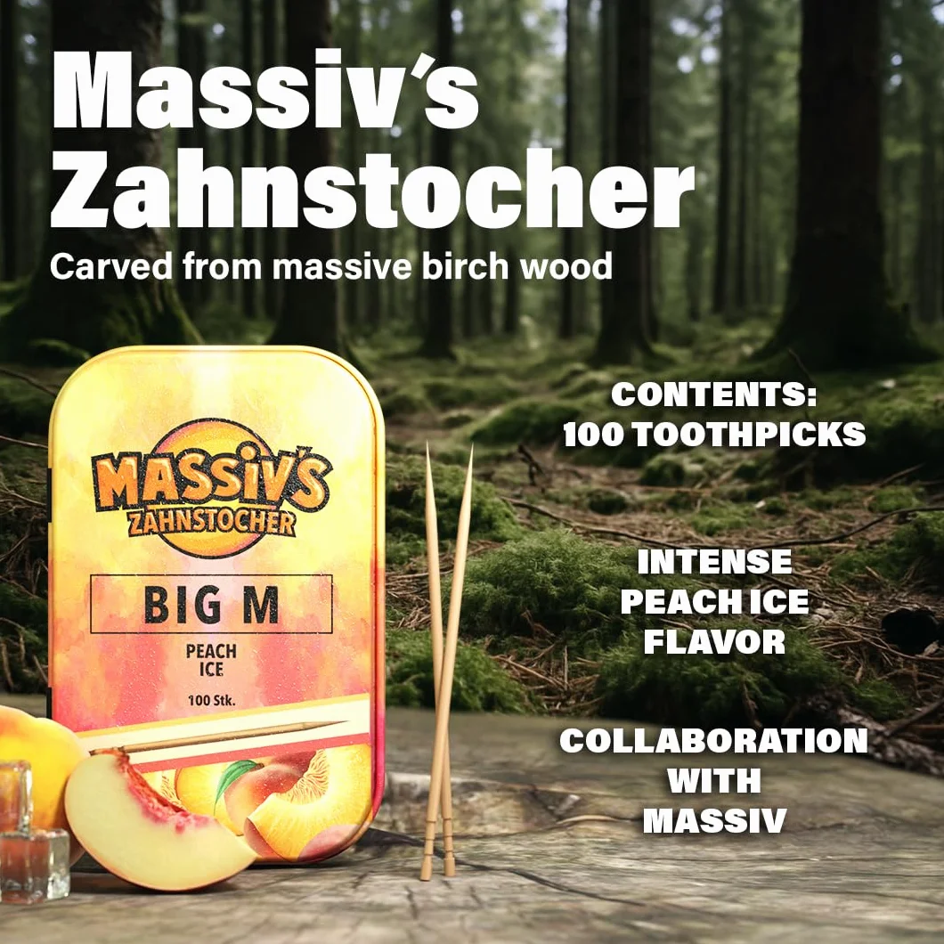 Massiv's Toothpicks Smakowe wykałaczki Big M Peach Ice 100 sztuk metalowa puszka Wegańskie bez cukru
