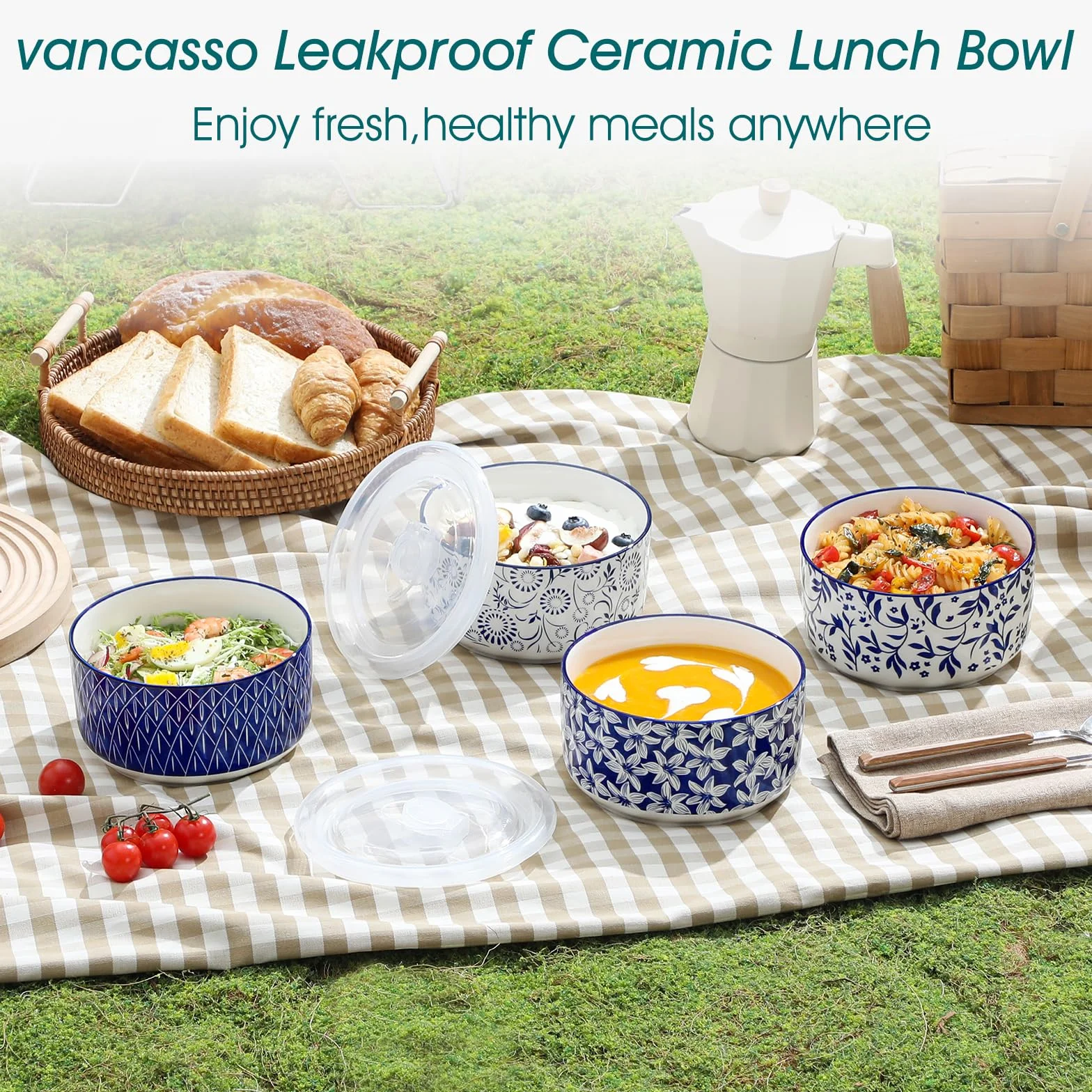 vancasso Miska do sałatki z pokrywką, 4-częściowa, 1080 ml, ceramiczne, miski na zupę, niebiesko-białe, miska z pokrywką na musli, sałatę, zupę, ramen