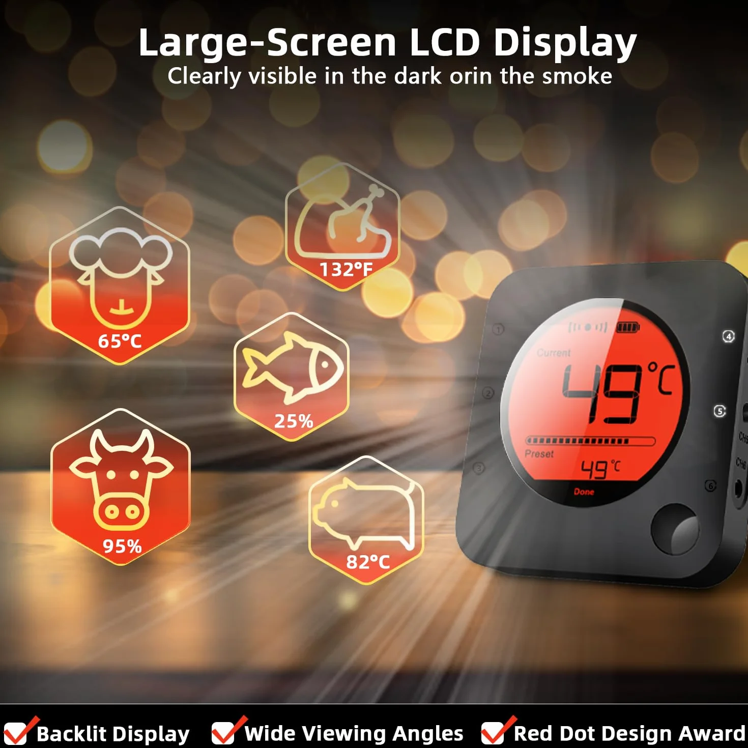 BFOUR termometr do pieczenia z funkcją Bluetooth, z zegarem, 4 czujnikami temperatury, sondą, cyfrowym termometrem do grilla, podświetleniem tła LED