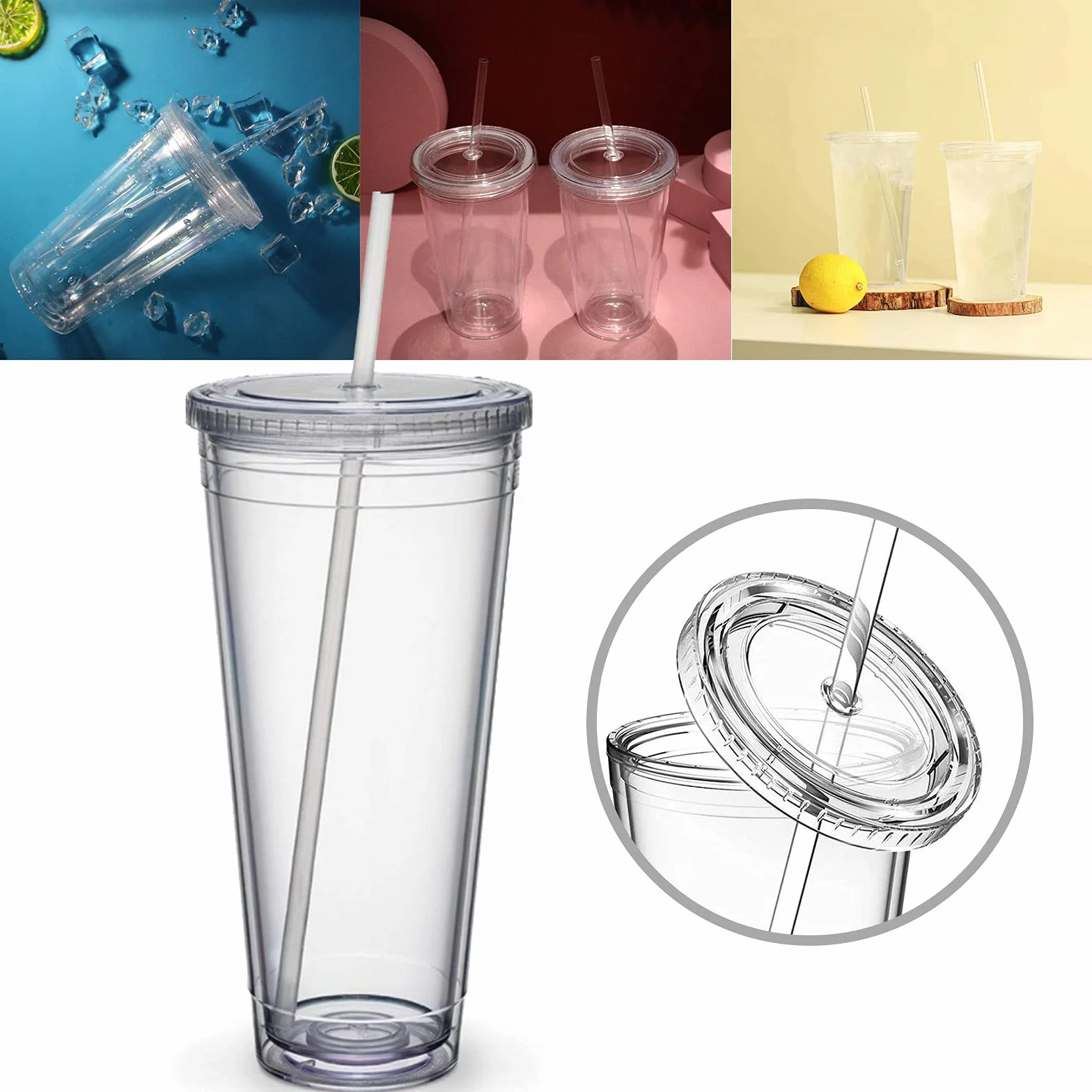 Plastikowy kubek podróżny ze słomką, dwuwarstwowy kubek z tworzywa sztucznego, szczelny kubek na sok owocowy, smoothie, kawę, kawę mrożoną (650 ml)
