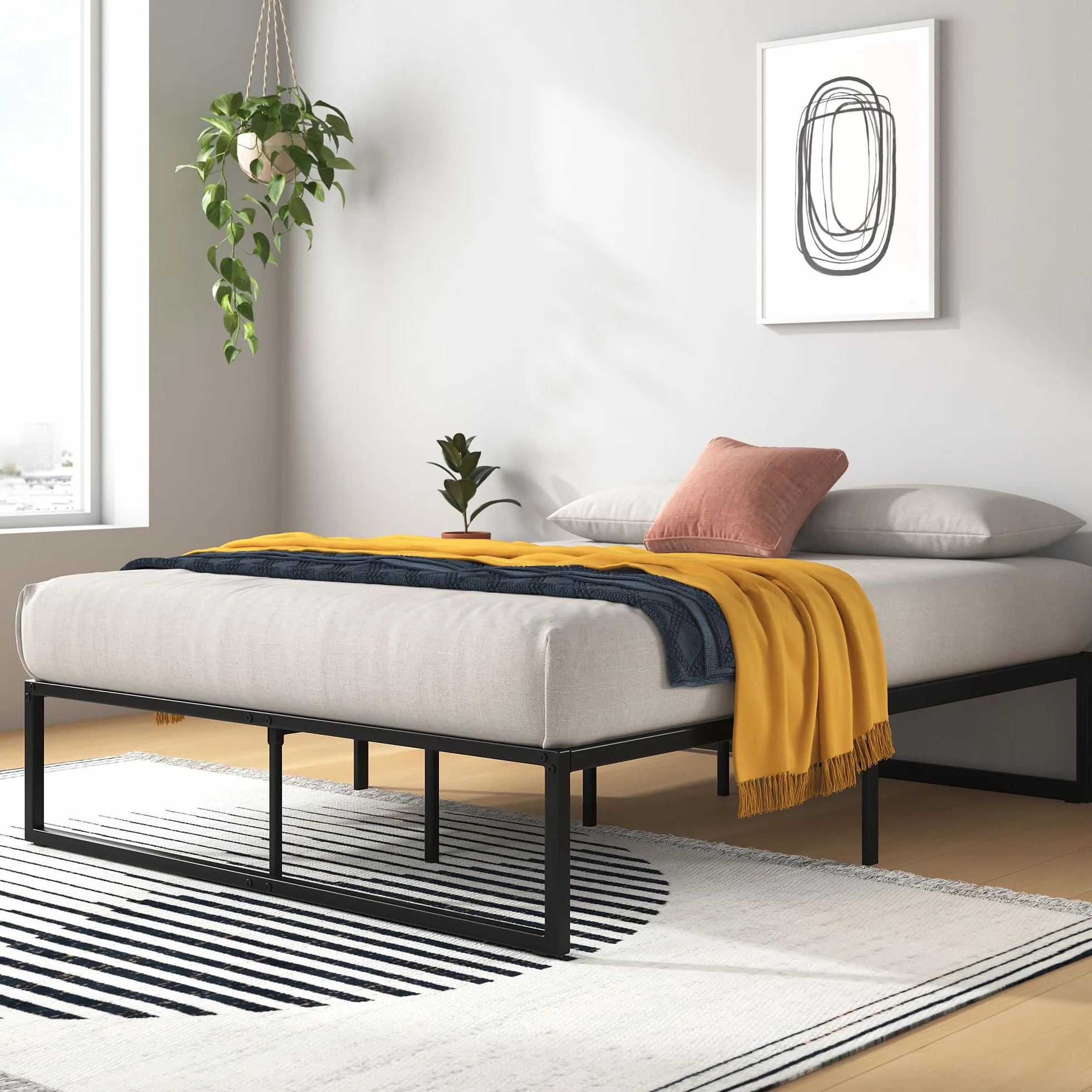 Zinus Lorelai łóżko 140 x 190 cm, rama łóżka o wysokości 36 cm z miejscem do przechowywania pod łóżkiem, metalowa rama łóżka platformowego, kolor czarny