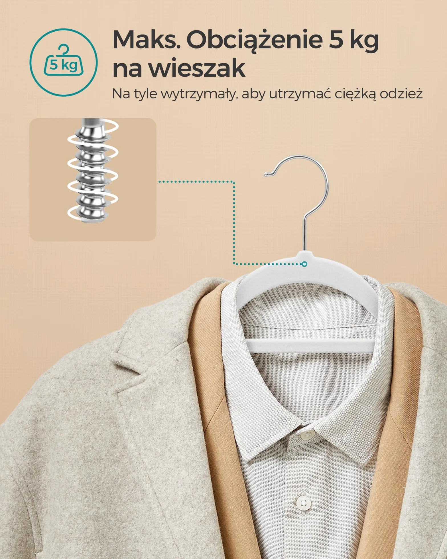 SONGMICS CRF020W02 Wieszak na ubrania, aksamitny, zestaw 50 sztuk, antypoślizgowy, mały drążek na krawat, hak obracany o 360°, grubość 0,6 cm, 43,5 cm długości, srebrno-biały
