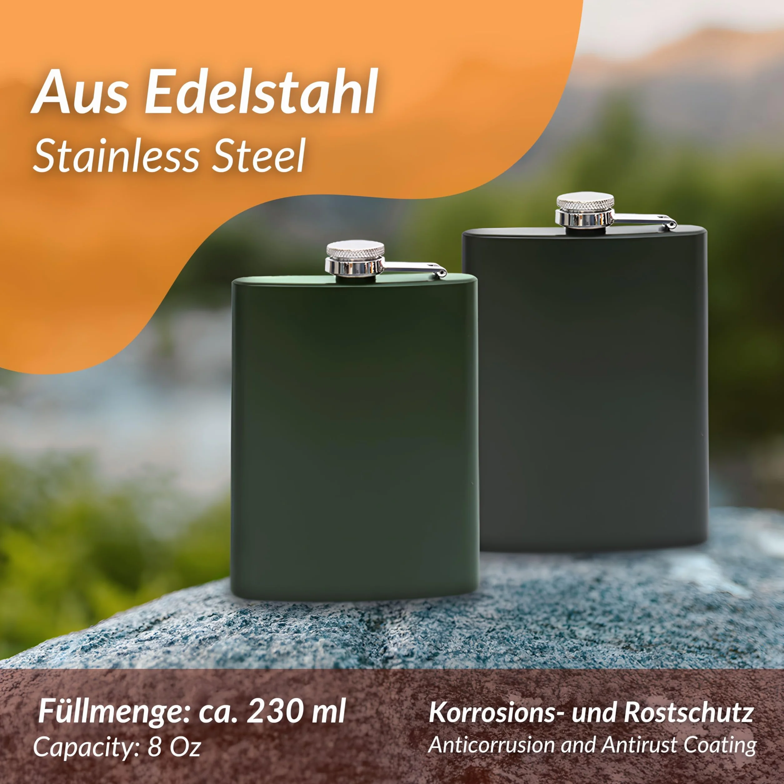 2 x piersiówka ze stali nierdzewnej z lejkiem w zestawie – 8 oz. 227 ml – nierdzewna – w kolorze matowej czerni i matowej zieleni – szlachetne wzornictwo wojskowe – do wódki i alkoholu każdego rodzaju