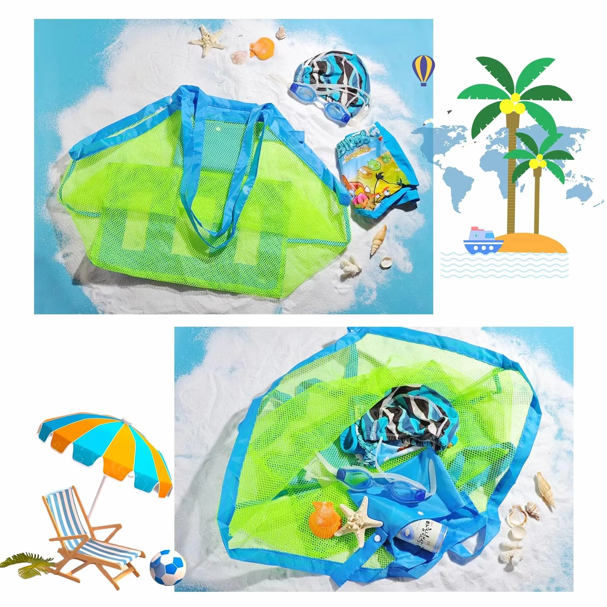Duża siatkowa torba plażowa na zabawki piaskowa torba z zamkiem błyskawicznym dla dzieci pływanie basen podróż piaszczyste buty mokre ręczniki 45 x 30 x 45 cm