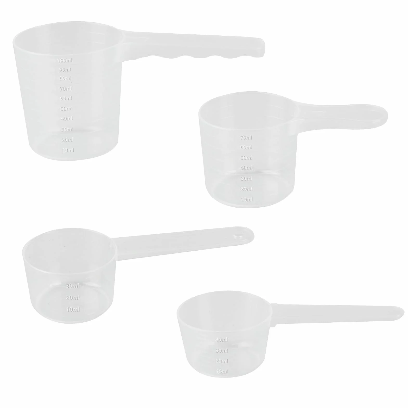 4 szt. Łyżka z dozownikiem, łyżki miarki, 40 ml, 50 ml, 70 ml, 100 ml łyżki przezroczyste plastikowe dozowniki ze skalą, łyżki kuchenne miarki do białka w proszku mąki