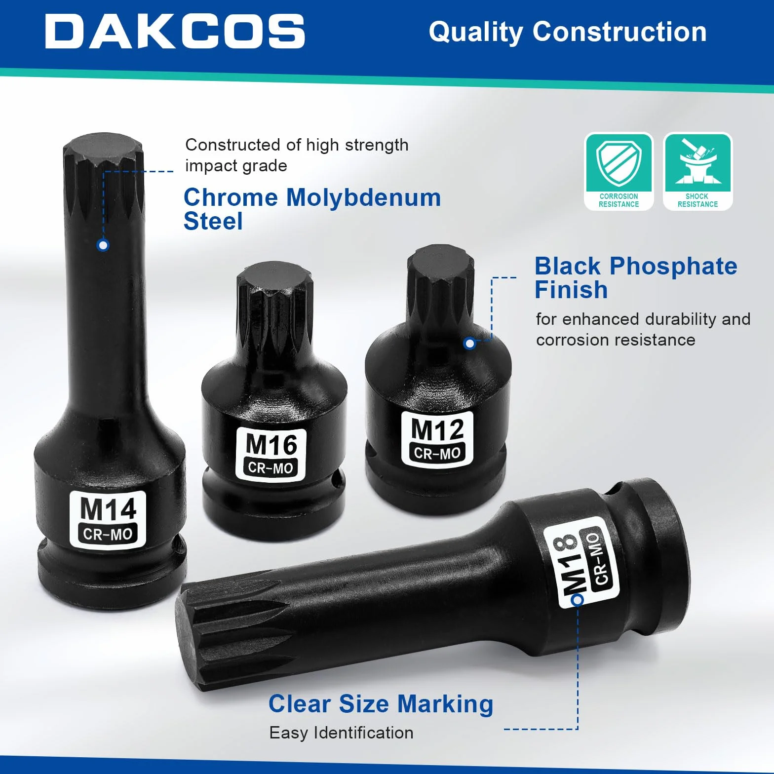 DAKCOS M12 M14 M16 M18 Kraft XZN nasadki udarowe wielozębowe 1/2", 8-częściowy zestaw kluczy nasadowych z wieloma zębami CR-MO