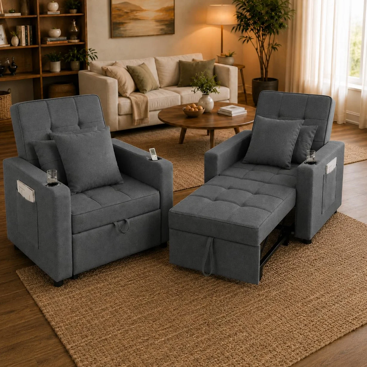 Fotel rozkładany, 3 w 1, z podłokietnikiem, regulowanym oparciem, 2 poduszki, uchwyt na kubek, do 150 kg, pojedyncza rozkładana sofa, do sypialni, salonu, ciemnoszary