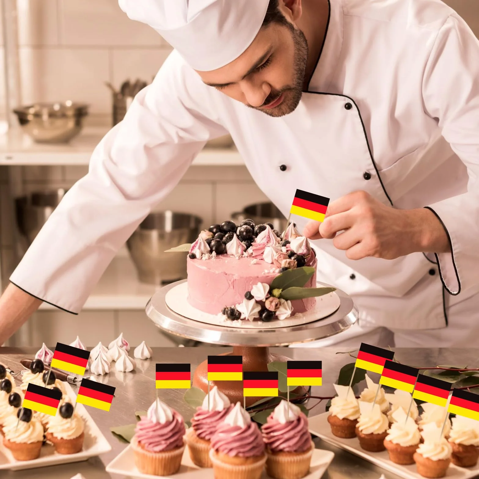100 sztuk flaga Niemcy Wykałaczka, Cocktail Stick Flagi Mini Banner Cupcake Toppers Party, Patyczki na imprezę, jedzenie, owoce, talerze, imprezy, puby, dekoracja