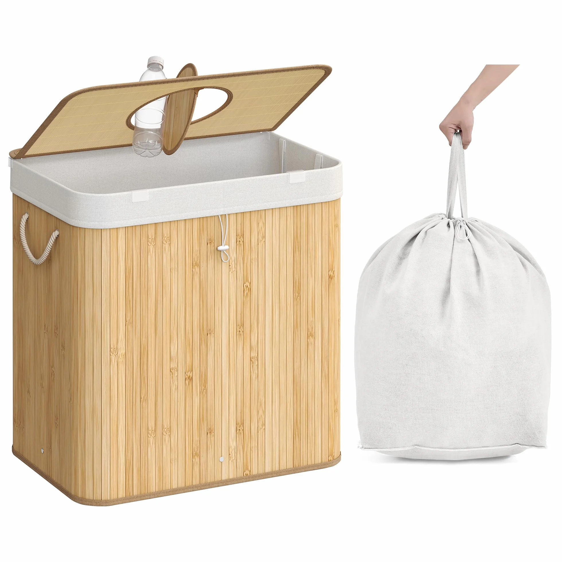 SONGMICS Pojemnik na butelki z kaucją, 120 l, bambus, pojemnik na butelki z recyklingu, z otworem, pokrywką, worek wewnętrzny z uchwytami, do kuchni, kolor naturalny beżowy RRB012Y01