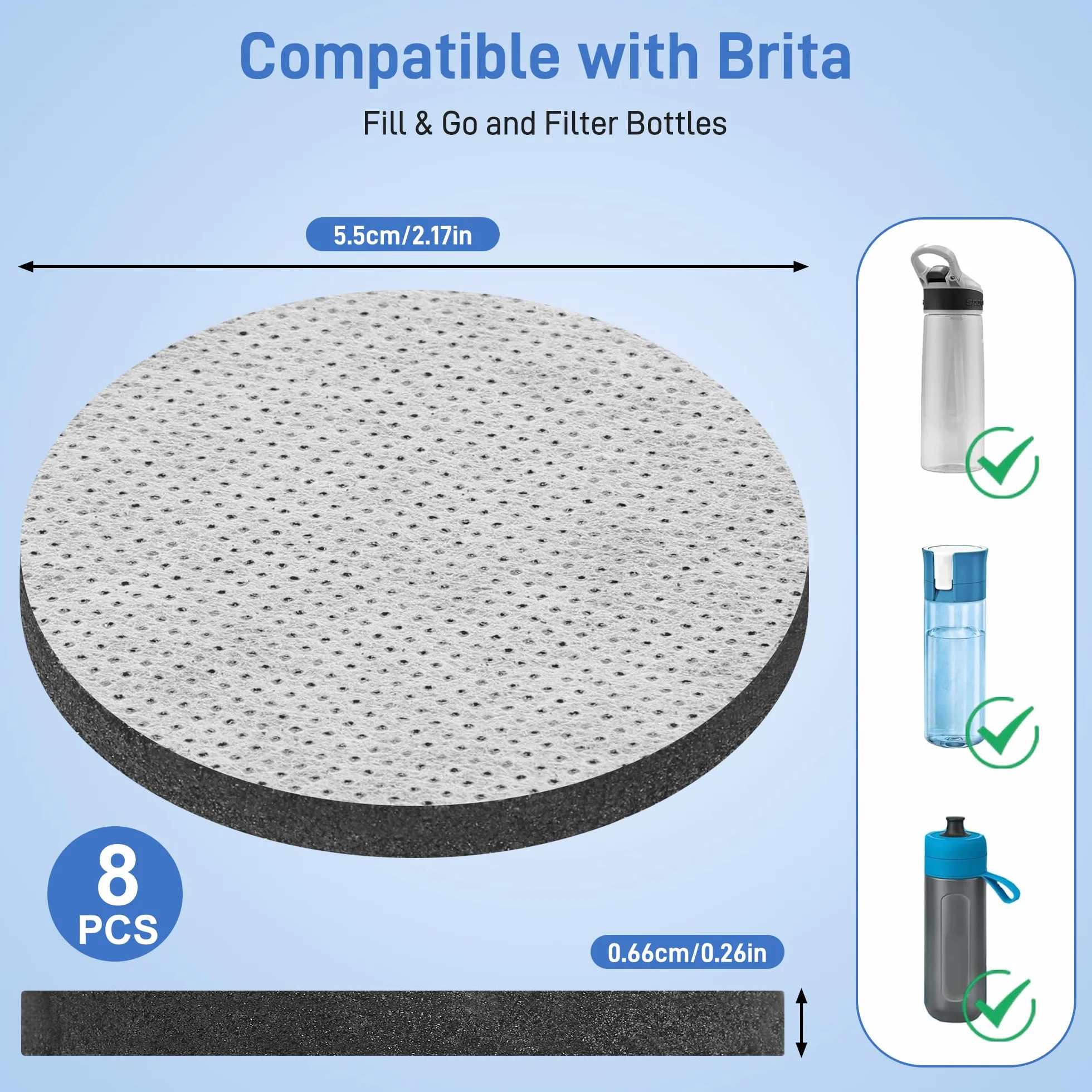 8 filtrów do wody MicroDisc do butelki na wodę Brita jako zamienniki, kompatybilne z butelką na wodę Brita Fill & Go, redukuje chlor, mikrocząsteczki i inne zanieczyszczenia