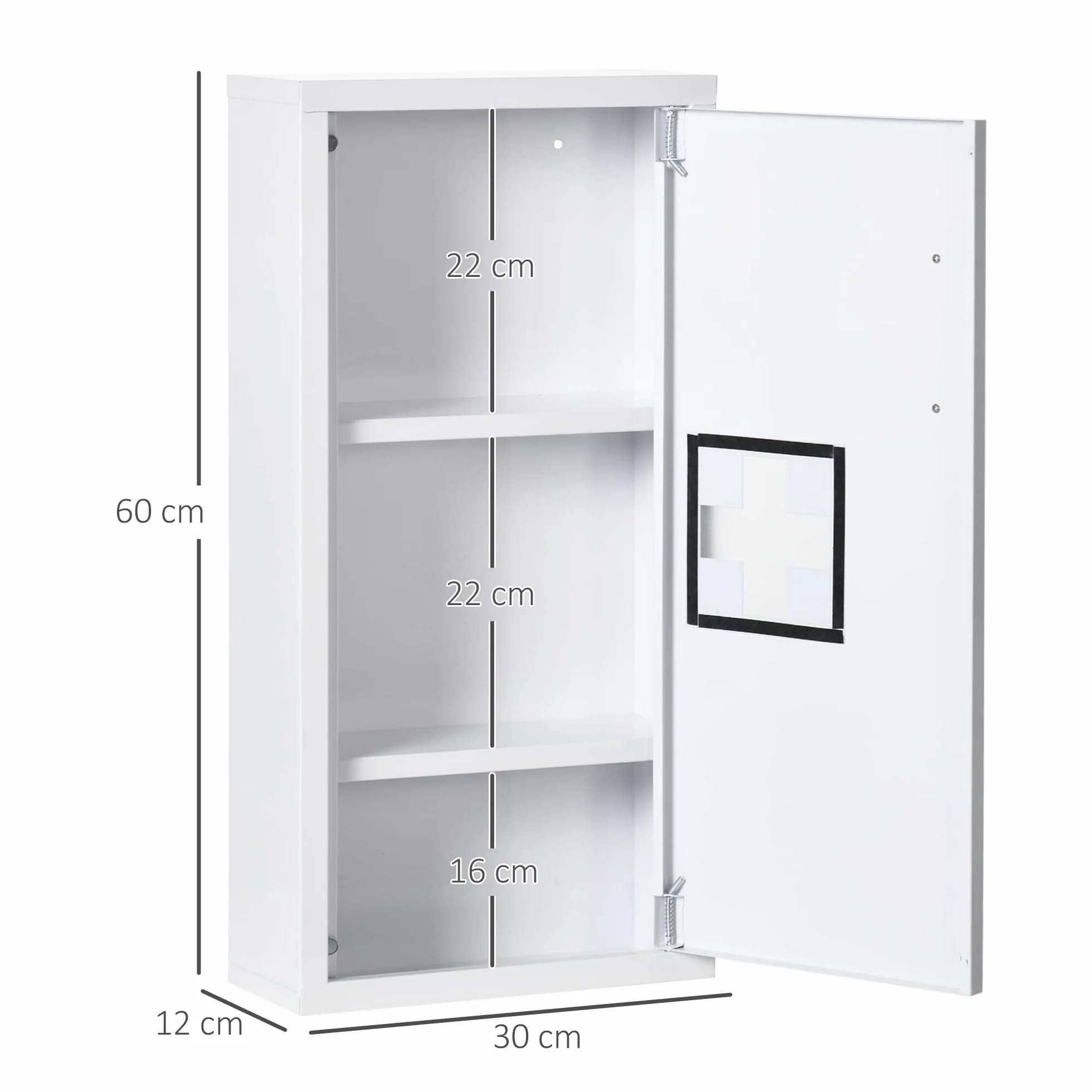 kleankin Szafka na lekarstwa, apteczka z 3 przegródkami wewnętrznymi, szafka na leki z zamknięciem magnetycznym, szafka na leki z uchwytem, stal, biała, 30 x 12 x 60 cm
