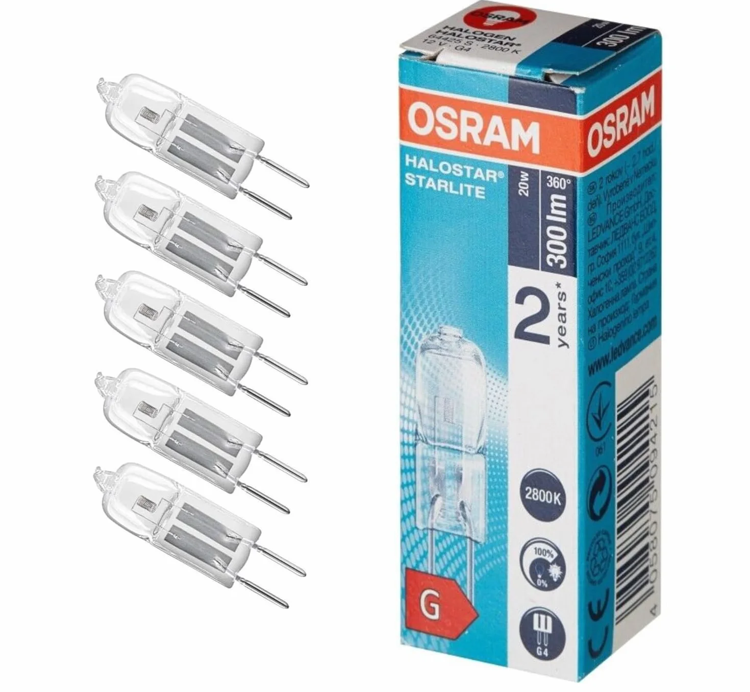 Osram Halostar Starlite 64425 S 20 W 12 V G4 Ciepła Biała 2800 Kelvin Lampa Halogenowa 300 Lumenów, Opakowanie 5 sztuk