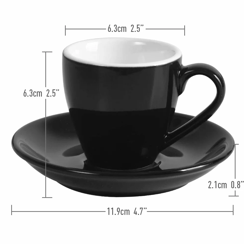 Zestaw 2 porcelanowych filiżanek do espresso z spodkami i mini łyżeczkami ze stali nierdzewnej, marki ionEgg, pojemność 80ml/2.7oz, kolor czarny