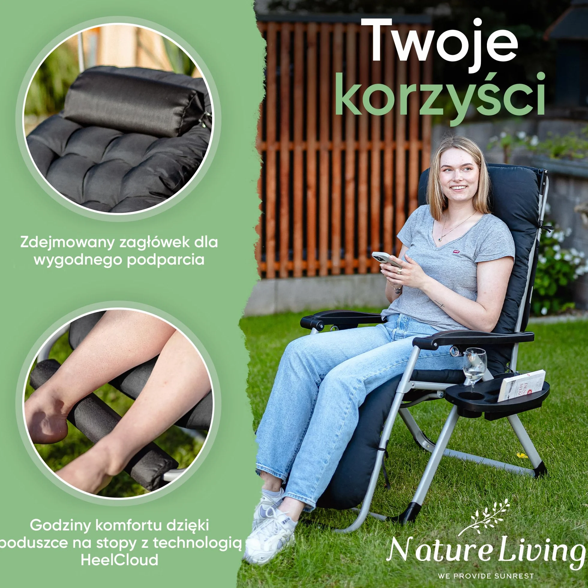 NatureLiving® Składany Leżak Ogrodowy – Solidny, Składany i Odporny na Warunki Atmosferyczne – Leżak z Daszkiem do Ogrodu i na Balkon, Leżak Outdoor Relax, Udźwig do 200 kg (czarny)
