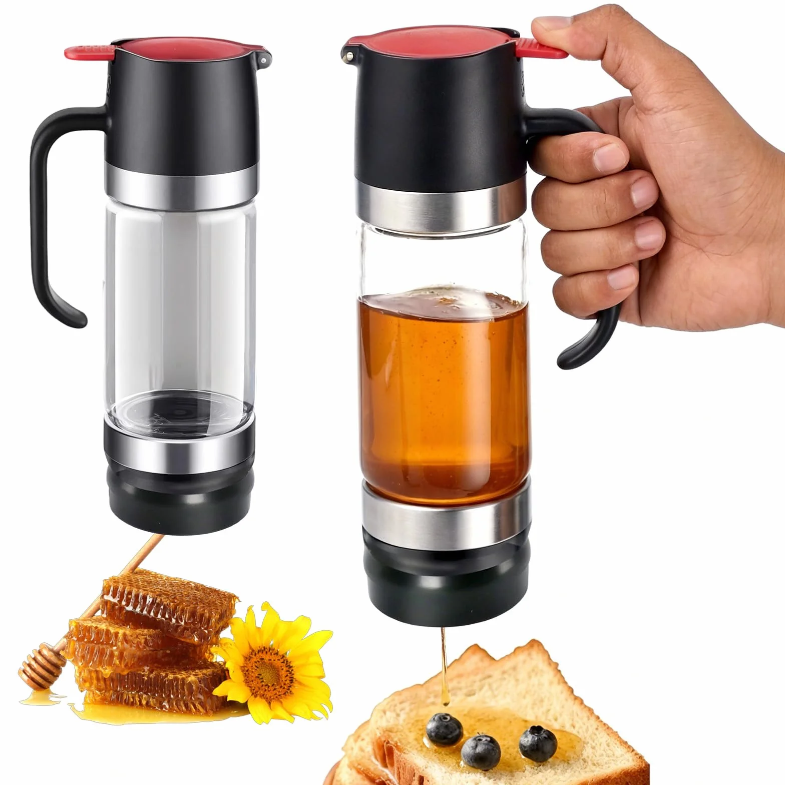 Szklany dozownik do miodu 350 ml (12 uncji) – bez kapania, z uchwytem, idealny do syropu klonowego, marmolady, kawy i herbaty