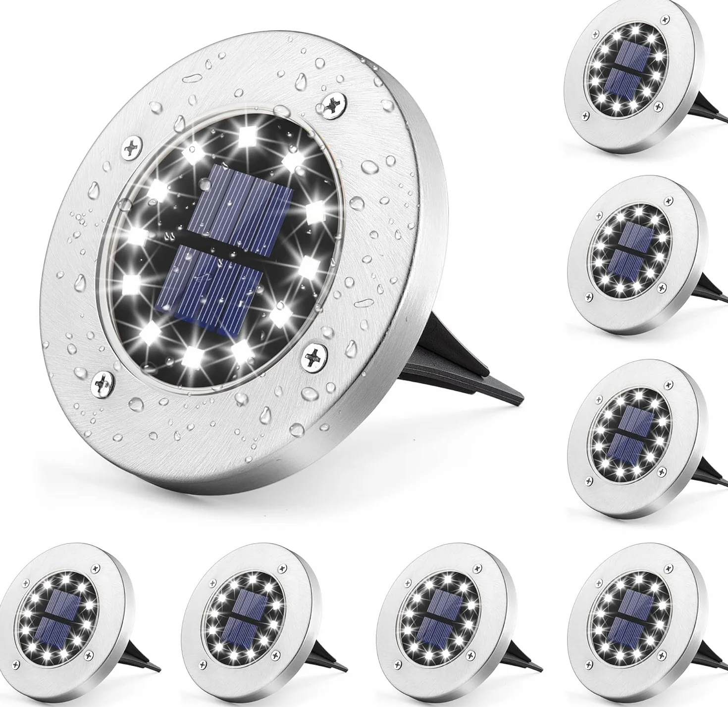 GIGALUMI Solarne światła naziemne, 12 diod LED, 8 szt., światła w ziemi, zasilane energią słoneczną, oświetlenie ścieżki, na zewnątrz, do tarasu, na trawnik, podwórko, basen, patio