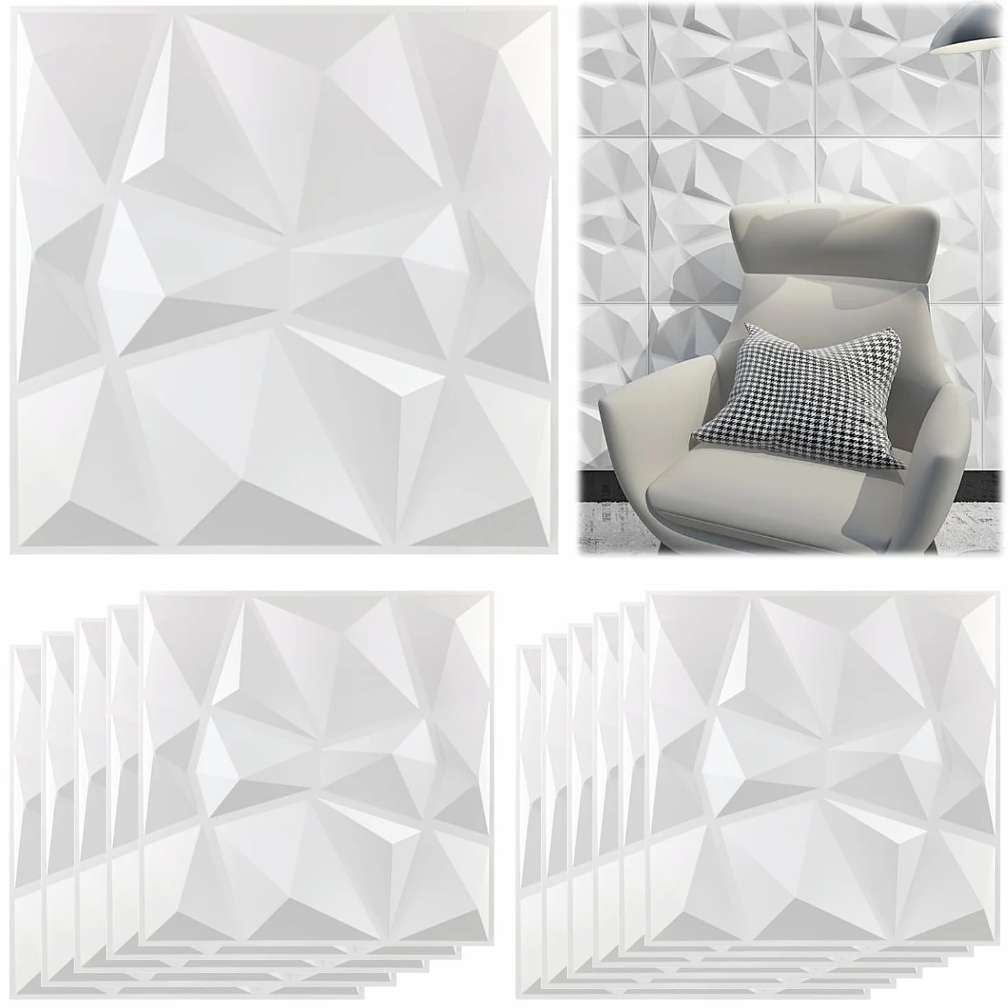 16 Dekoracyjny panel ścienny 3D, biały matowy 30 x 30 cm, panele ścienne 3D, diamentowy design 3D do domowego biura lub wystroju wnętrza studia