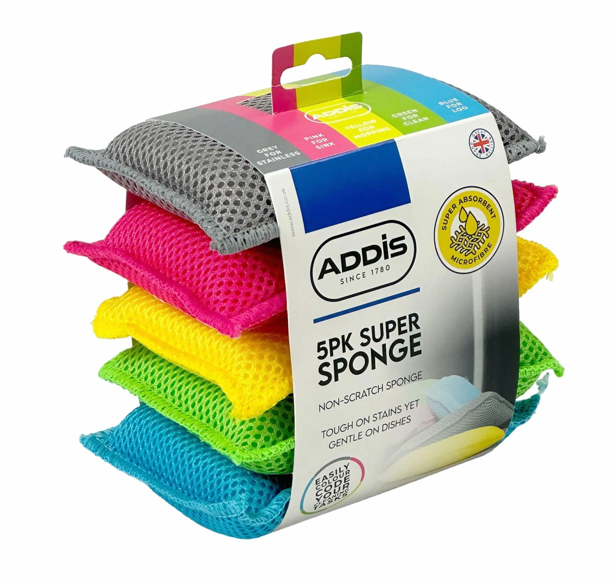 Addis Super Sponge 518489, 5-pak – 100% mikrofibra, odporne na zarysowania, wielokolorowe gąbki do czyszczenia różnych powierzchni