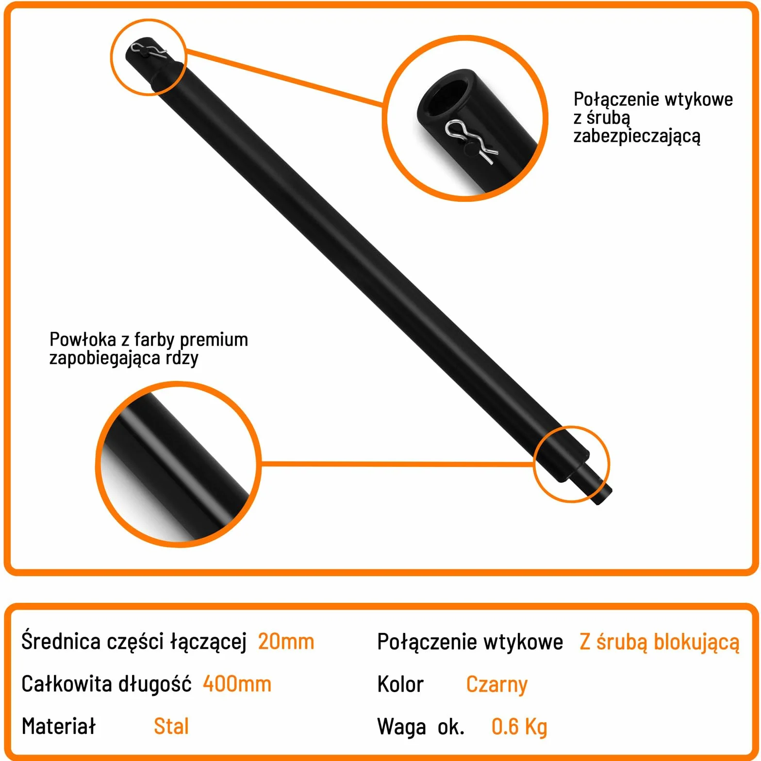 EBERTH Przedłużenie wiertła do wiertnic ziemnych, wierteł ogrodowych, stali, długość 400 mm, średnica mocowania 20 mm, lakierowane na czarno, nierdzewne, połączenie wtykowe z bolcem zabezpieczającym
