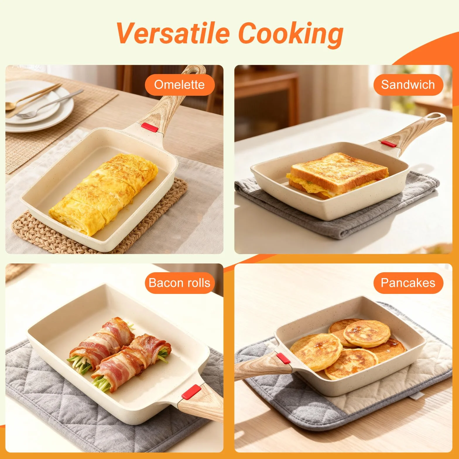 Patelnia Tamagoyaki - Japońska Patelnia do Omeletów - Patelnia Aluminiowa, 19 x 15 cm, Powłoka Nieprzywierająca, Zawiera Łopatkę Silikonową, Do Wszystkich Rodzajów Kuchenek, Piekarnik i Zmywarka