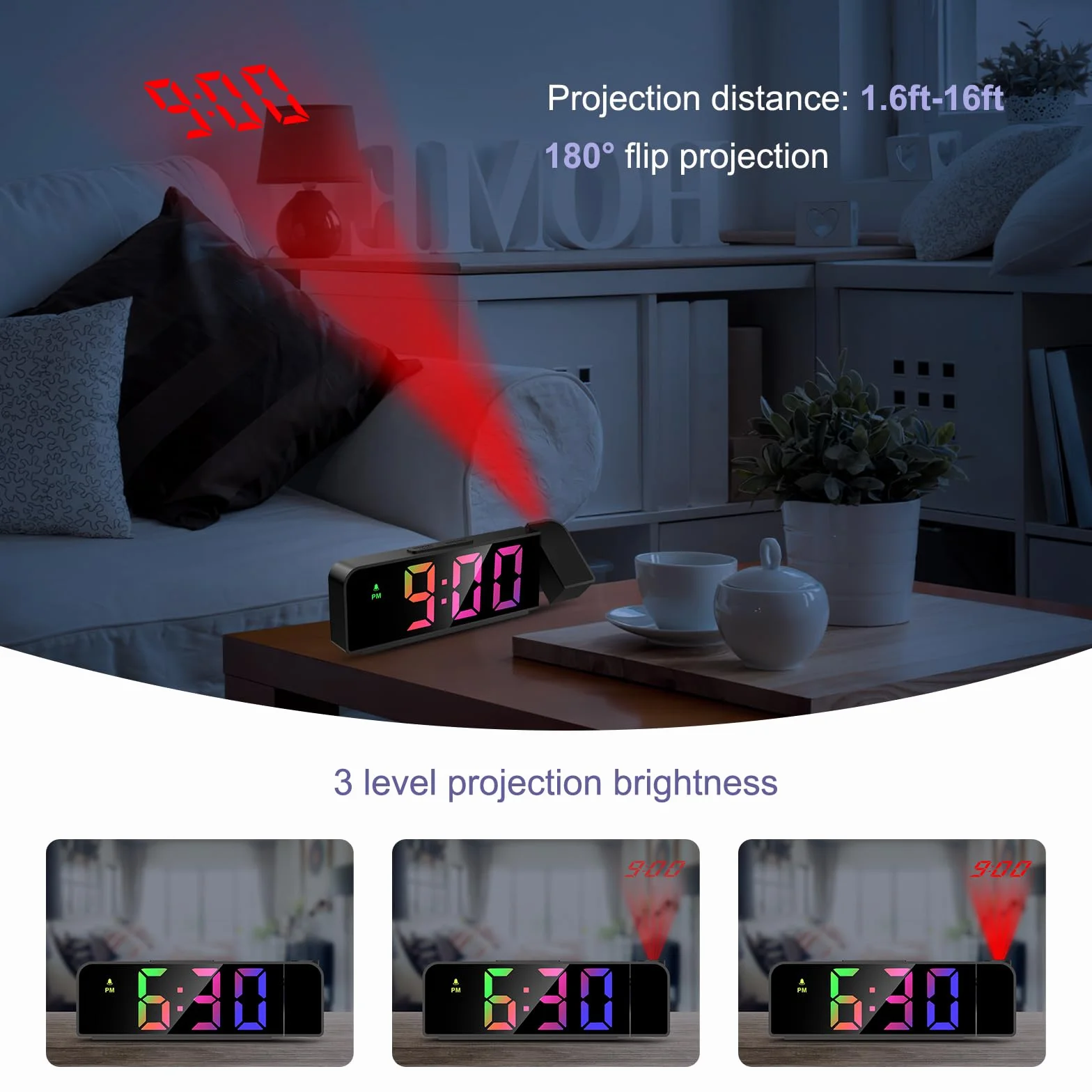 Budzik projektora sufitowego, budzik projektorowy, budzik cyfrowy, projektor cyfrowy 180°, LED 7,9", 4 regulowane jasności, drzemka, tryb nocny, temperatura, czarny i kolorowe cyfry