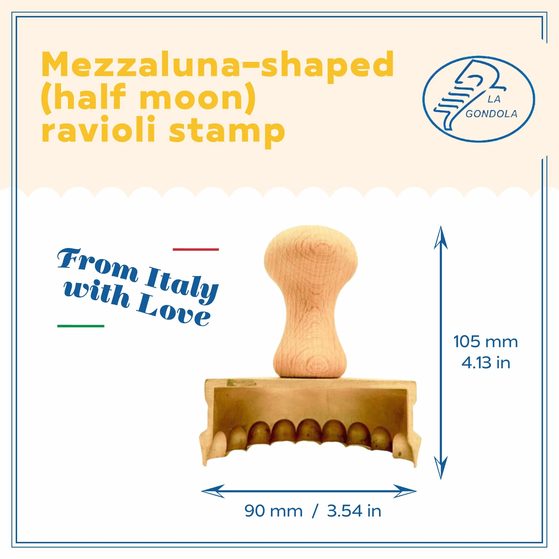 La Gondola stempel ravioli mezzaluna 90 mm mosiądz naturalne drewno narzędzie do makaronu