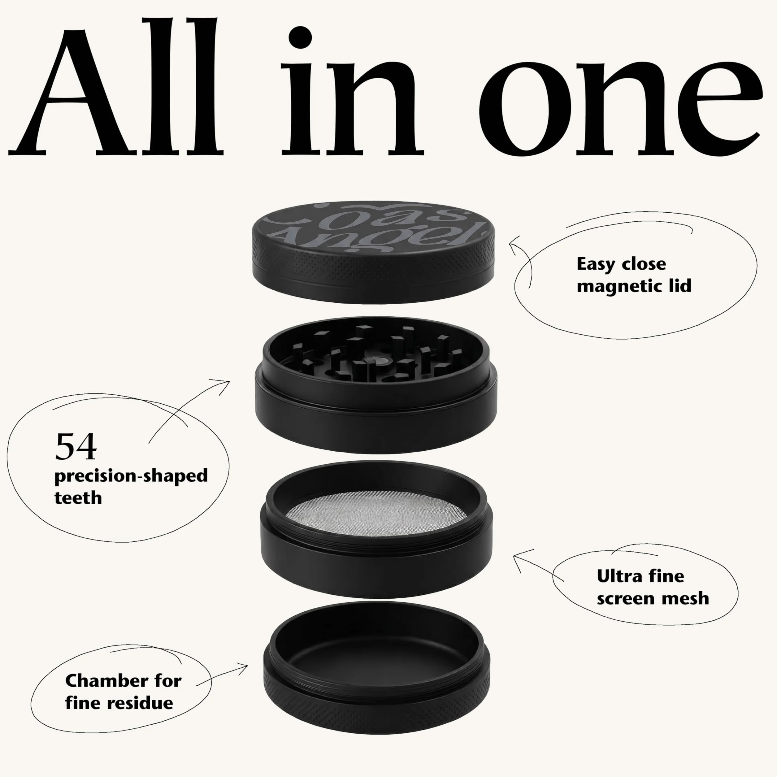 Grinder do ziół 48 mm metalowy czarny 4-częściowy