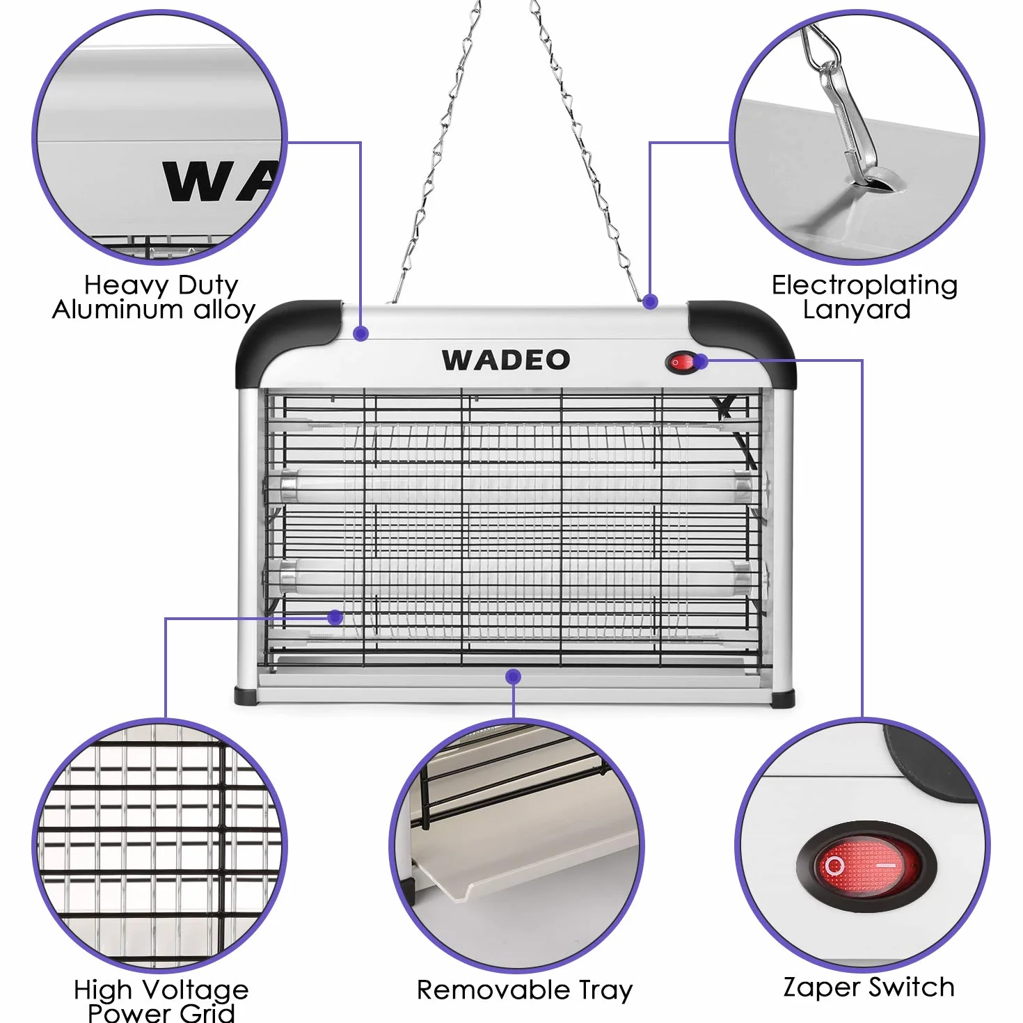 WADEO Elektryczna pułapka na owady, 20 W, lampa przeciw komarom, ochrona przed komarami, bez środków chemicznych, ze światłem LED, pułapka na muchy, pułapka na muchy, lampa do zawieszenia, nadaje się