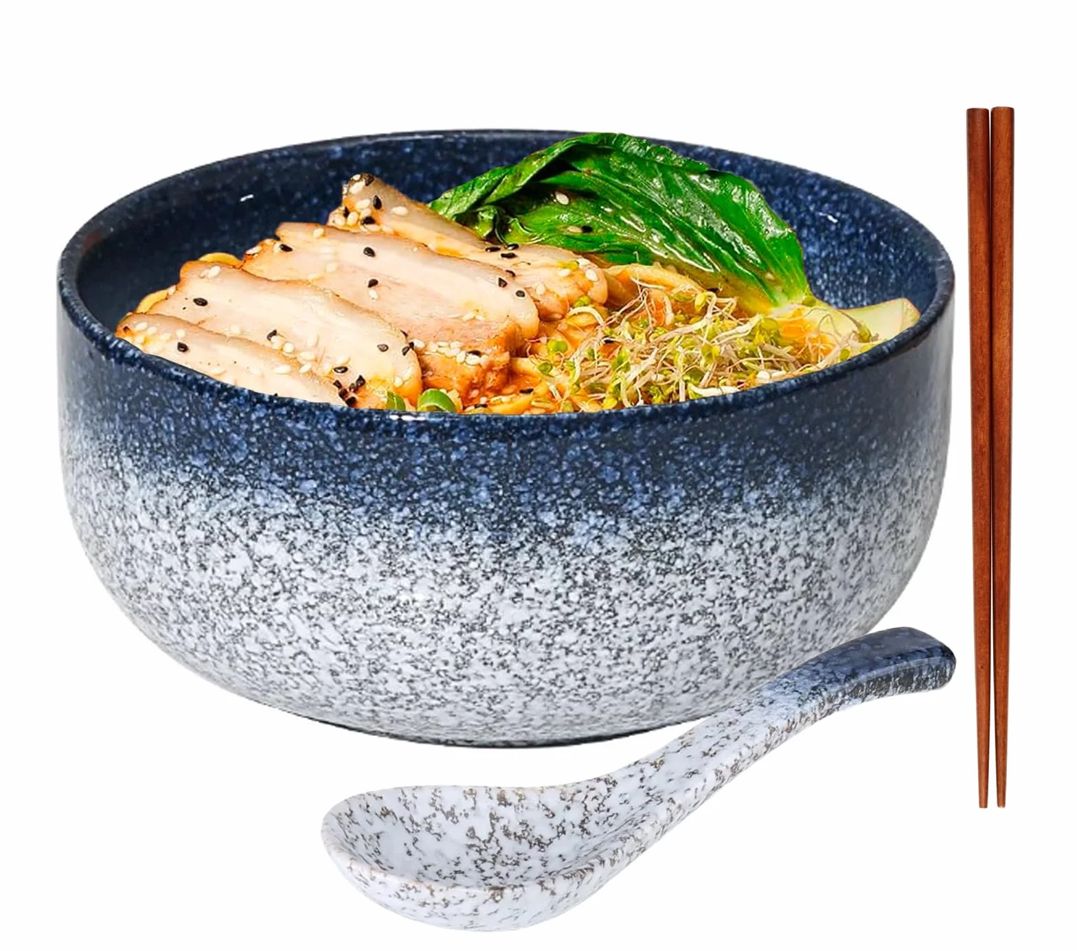 Japońska Miska Ceramiczna Ramen Zestaw z Łyżeczką i Pałeczkami Niebieski