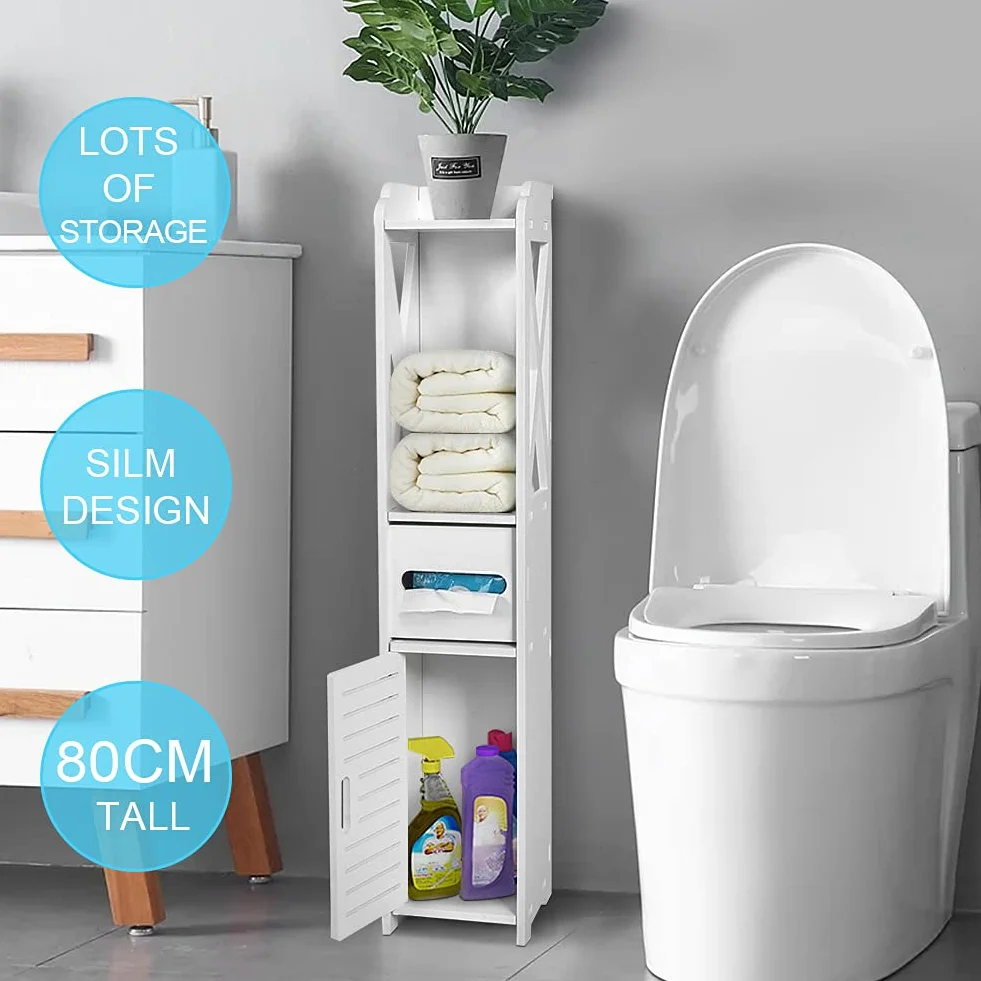 GOTOTOP Biała drewniana szafka kolumnowa nowoczesna szafka do przechowywania szafka toaletowa z 2 półkami, 1 szufladą i 1 drzwiczkami 80 × 15,5 × 15 cm