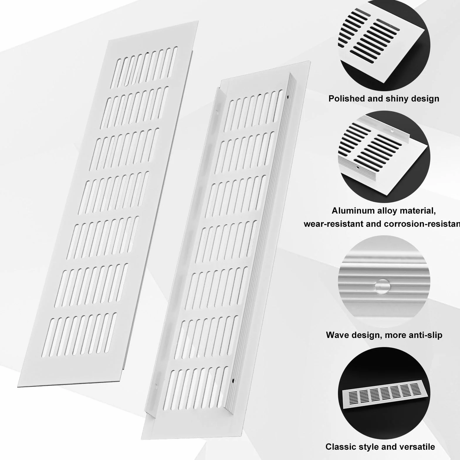 Osłona kratki wentylacyjnej, 80 mm x 300 mm, ze stopu aluminium, kuchenna, otwory wentylacyjne, do szafy, na lodówkę, otwór wentylacyjny ze śrubą do podłogi, ściany, kanału drzwiowego, 2 szt