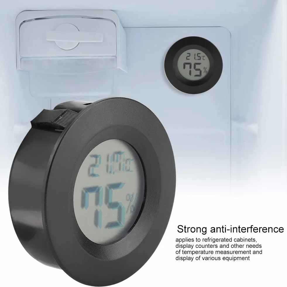 Mini termometr Okrągły kształt Temperatura Cyfrowy monitor LCD Wewnętrzny okrągły miernik temperatury wilgotności do humidorów Domowa szklarnia Babyroom Inkubator gadów (czarny)