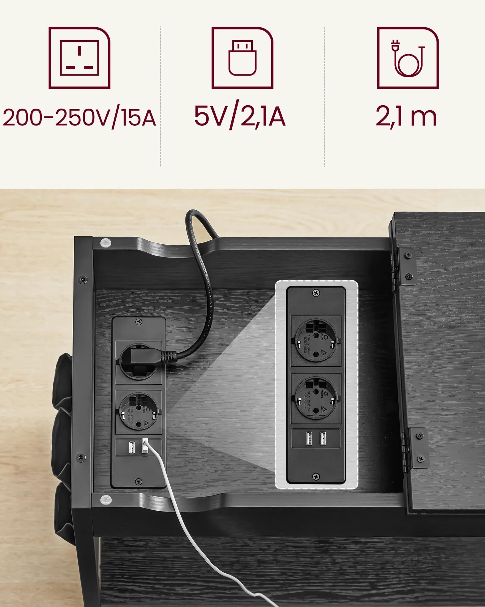 VASAGLE Stolik pomocniczy, stolik nocny z gniazdkiem, wąski, z portami USB, torba, do salonu, sypialni, czarny z rysunkiem słojów drewna LET311B56