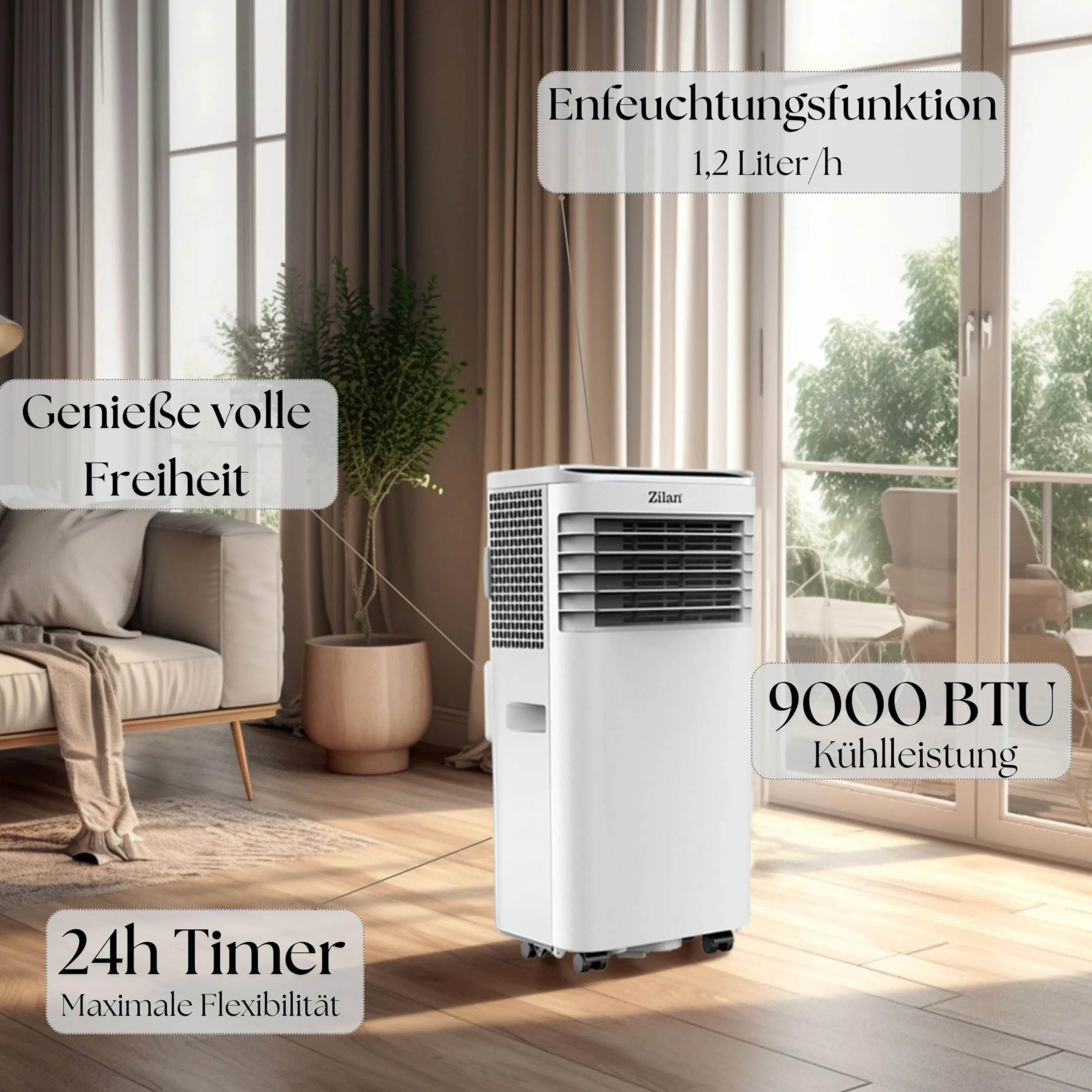 Mobilny klimatyzator 9000 BTU z wężem powietrza wylotowego i uszczelką okienną, mobilny klimatyzator 24 h, timer – wentylator chłodzący, 300 m³/h, osuszacz powietrza 1,2 l/h, cichy klimatyzator z