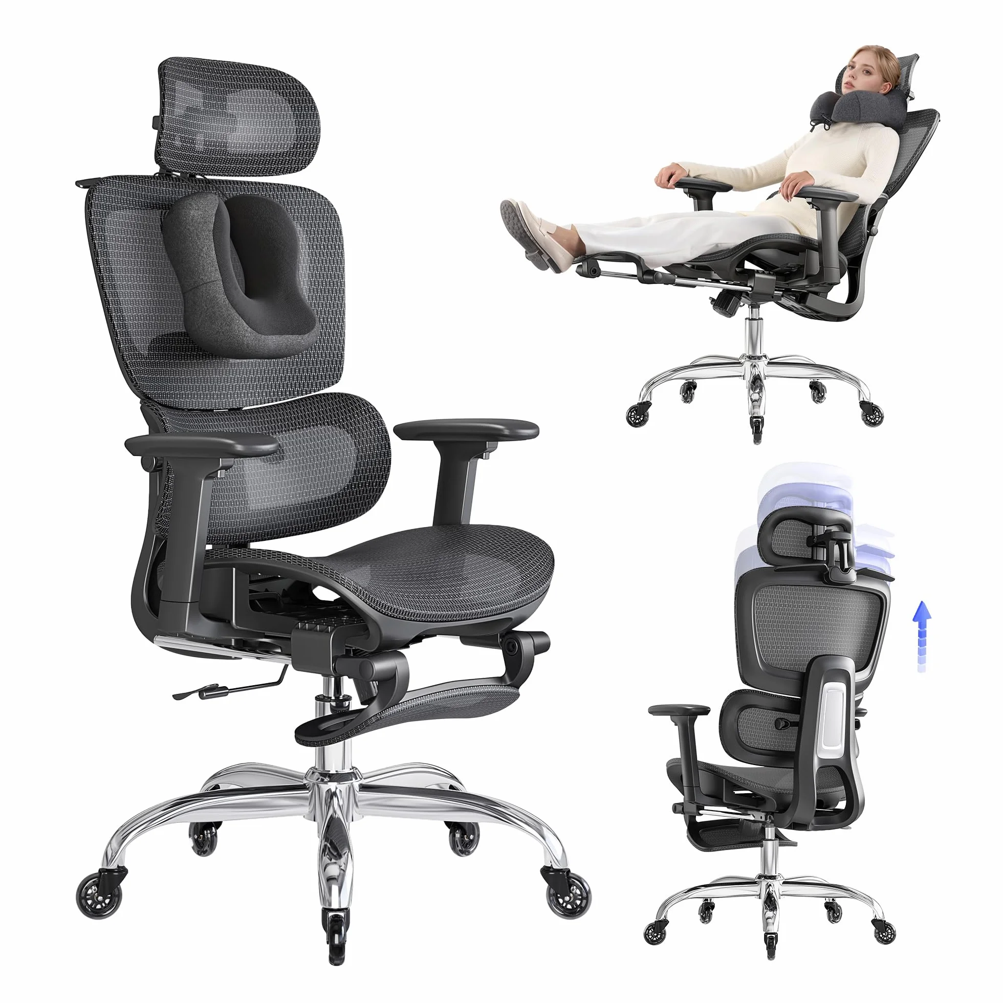 LarkLeaves Ergonomiczne Krzesło Biurowe z Podnóżkiem, 5-Stopniowe Regulowane Oparcie, 2D Podparcie Lędźwiowe, 3D Podłokietniki, Siatka z Poduszką na Szyję i Gumowe Kółka, Odchylenie 145°, Czarne