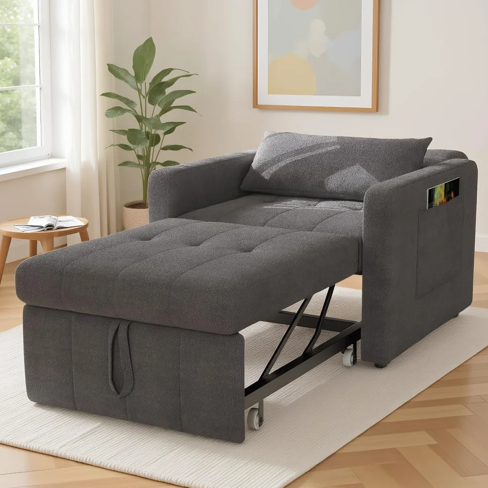 Fotel do spania 3 w 1, konwertowalne krzesło do spania z funkcją łóżka, rozkładana sofa ze składanymi stolikami do herbaty, pojedyncza sofa do spania, regulowany fotel z poduszką (szary, 190 x 108 x