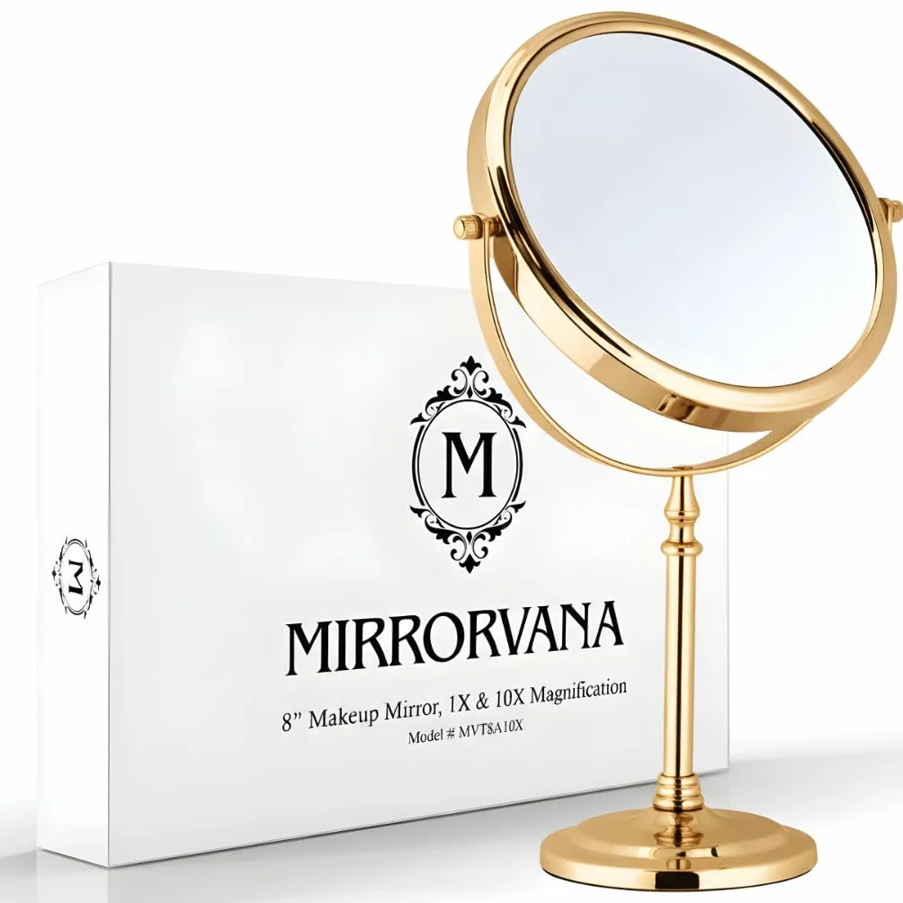 MIRRORVANA Duże 10-krotne powiększające lusterko do makijażu na stojaku do sypialni i łazienki, klasyczne wolnostojące okrągłe lustro stołowe z dwustronnym powiększeniem 10X/1x, 38 cm wysokości i 20