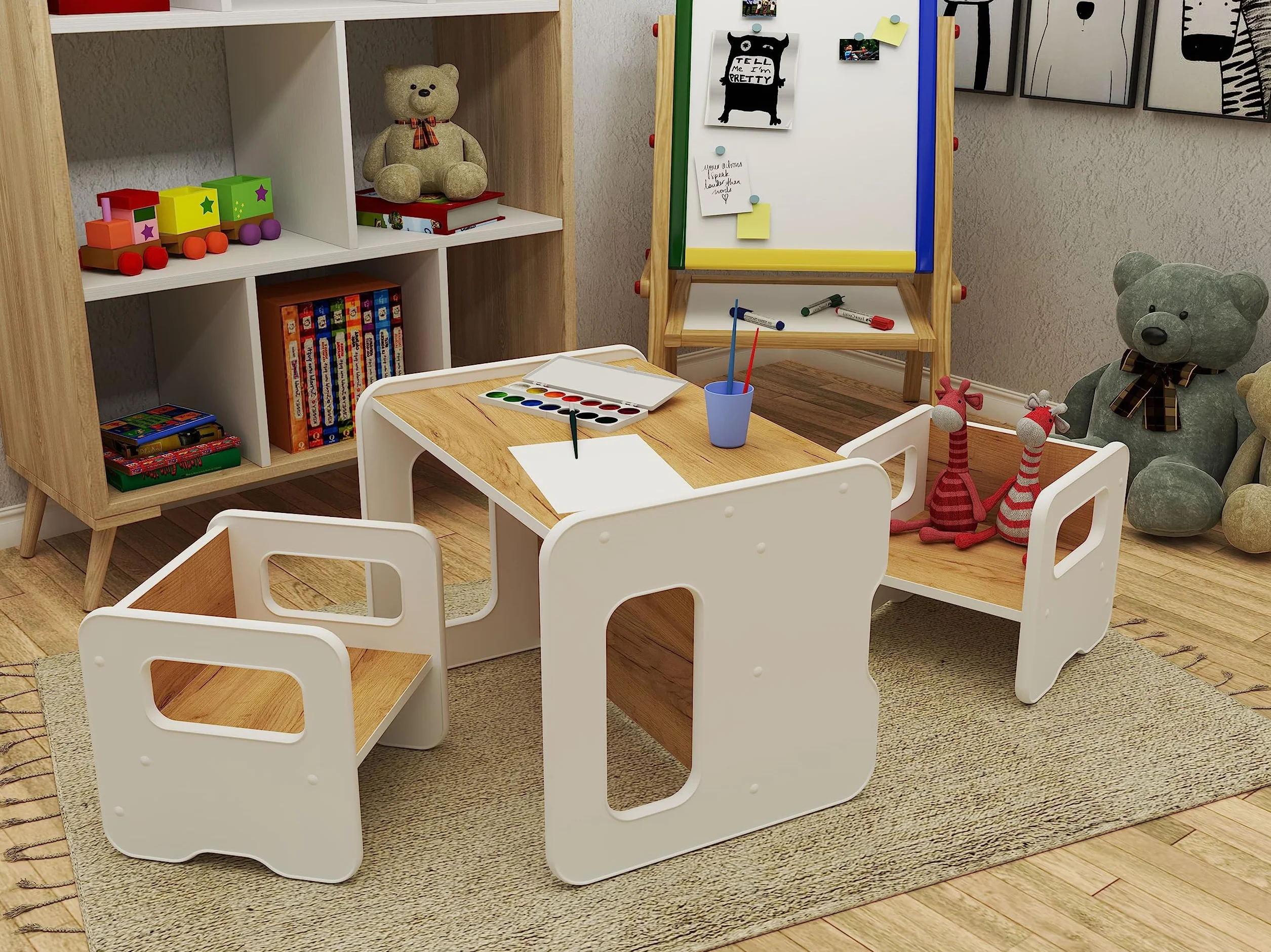 defiPad Taboret do siedzenia dla dzieci | stylowy taboret dwustronny | fotel dziecięcy od 1 roku życia | krzesło dziecięce z drewna | krzesło można przekształcić w stół | pokój dziecięcy Montessori |