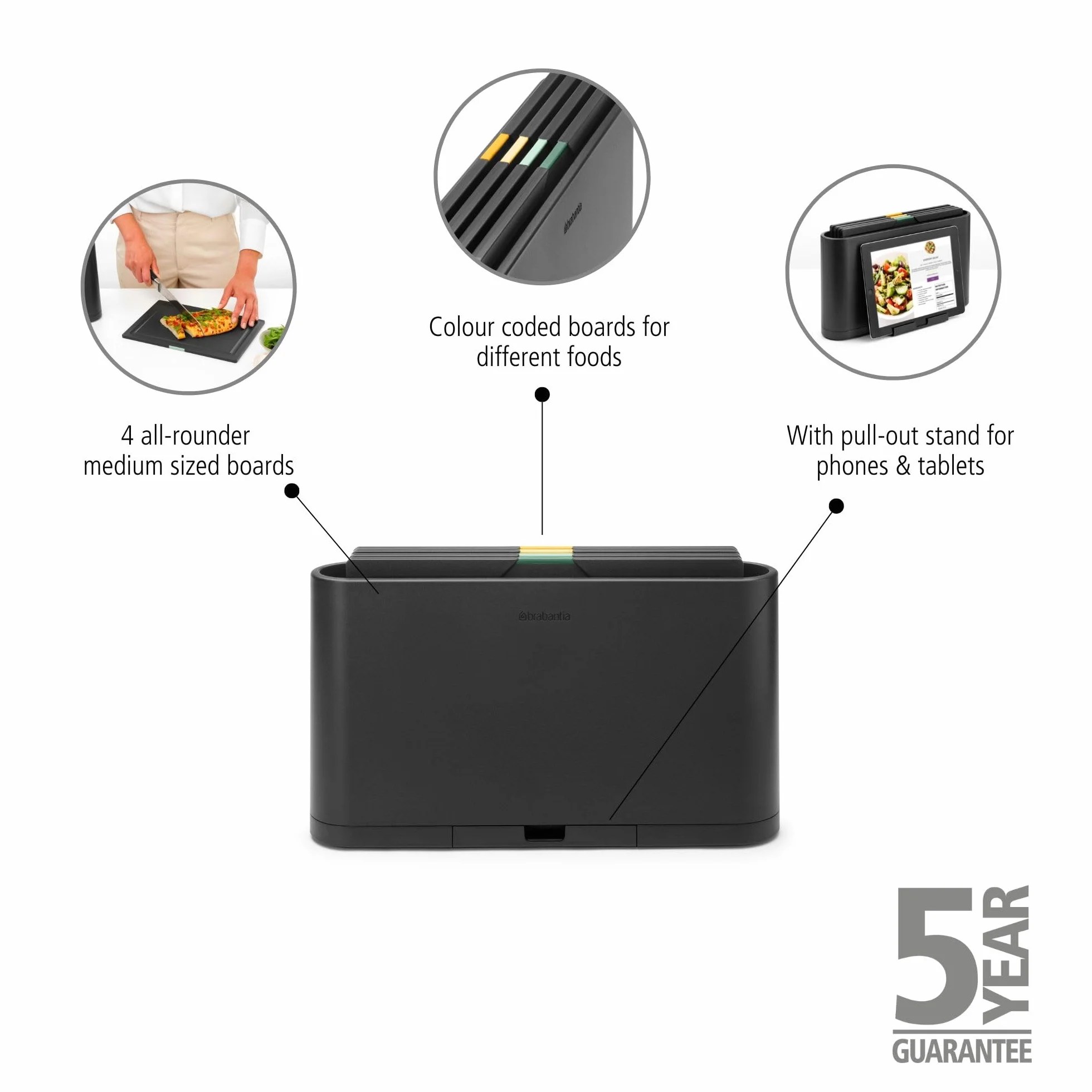 Zestaw desek do krojenia ze zintegrowanym uchwytem na telefon i tablet Brabantia TASTY+ | 4-częściowe deski kuchenne z organizerem | Dwustronne | Antypoślizgowe o wyglądzie drewna | Dark Grey