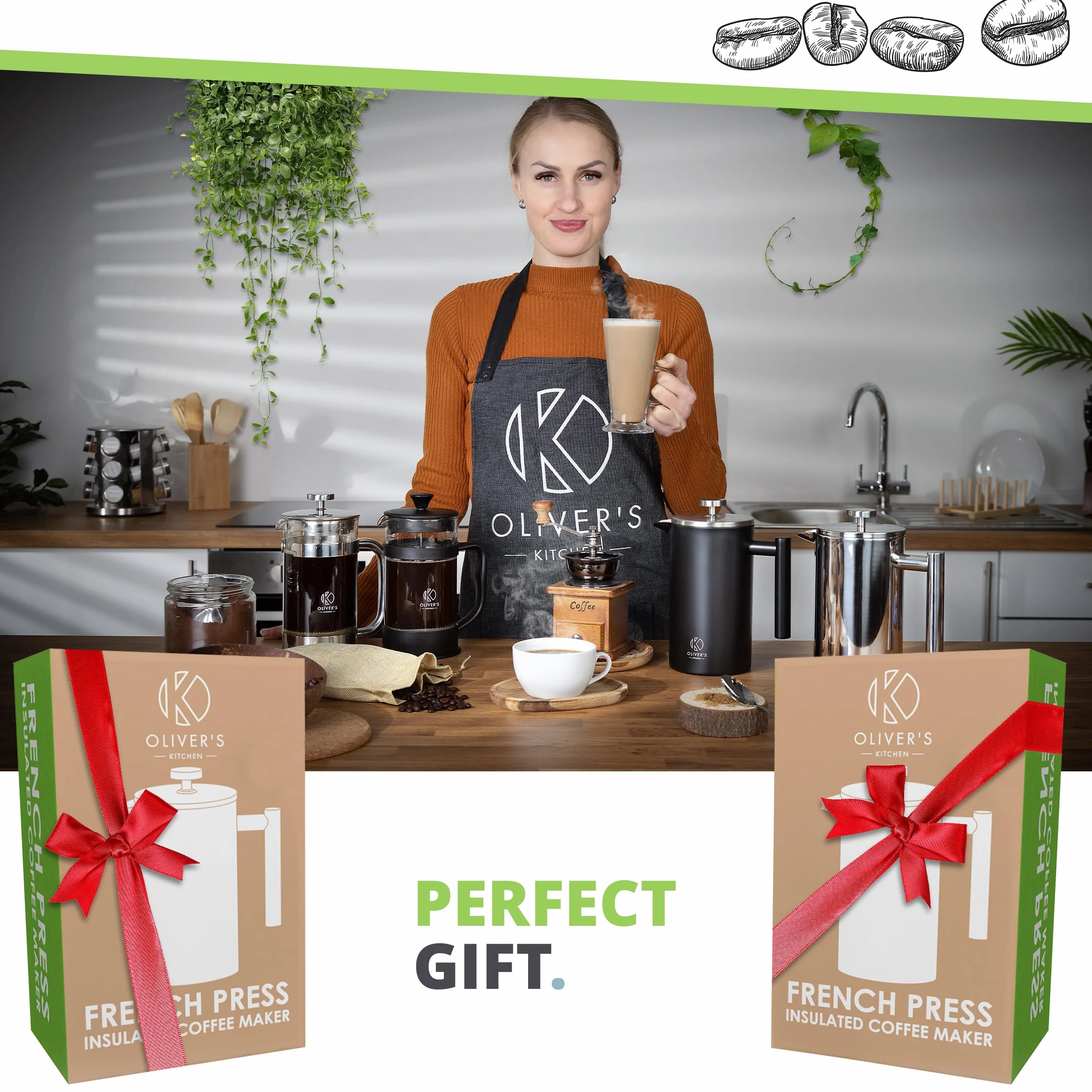 Oliver's Kitchen® French Press 1 litr - Zaparzacz do Kawy Tłokowy z Podwójną Izolacją Termiczną