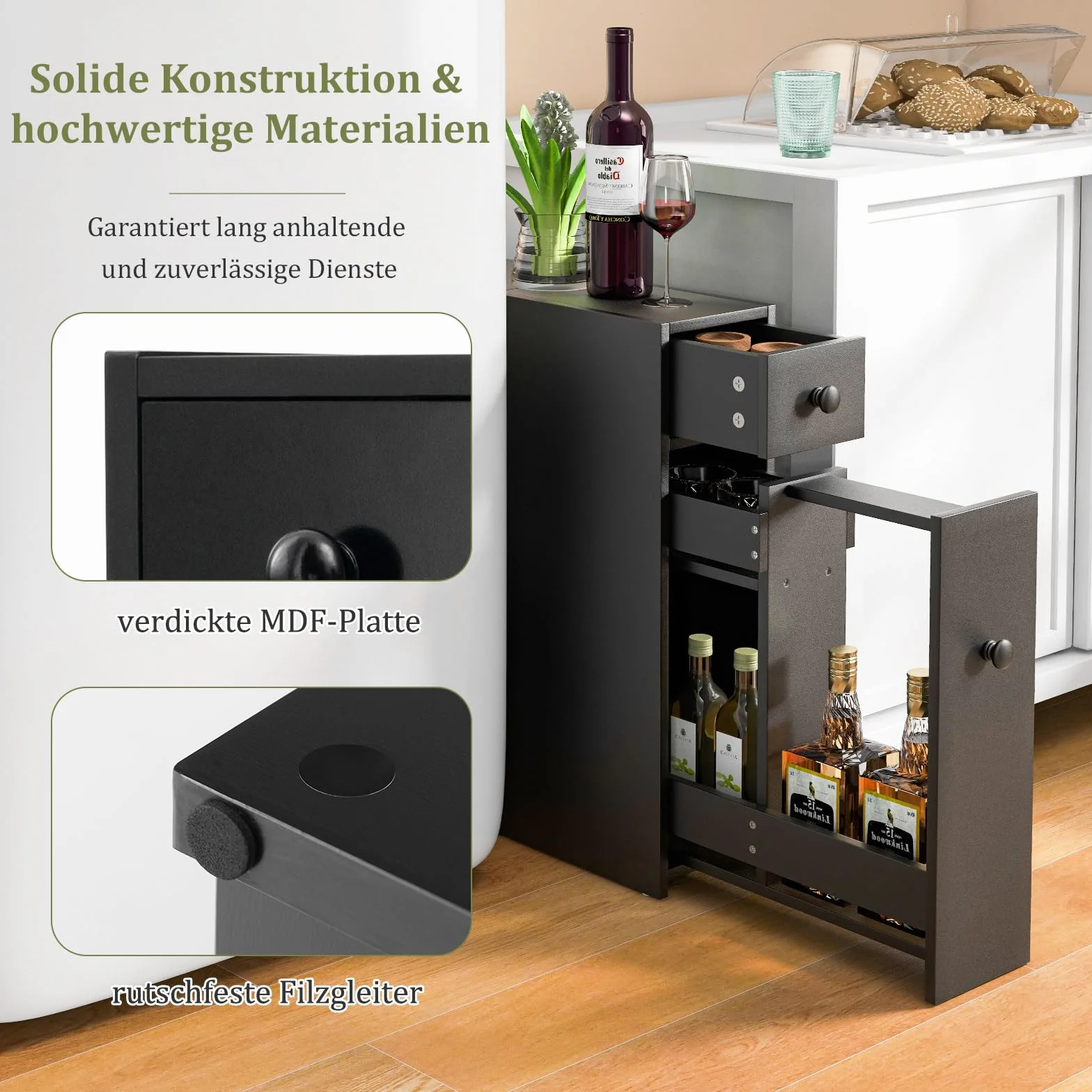 COSTWAY Szafka wnękowa z szufladami, wąska szafka wnękowa z drewna, boczna szafka łazienkowa, kuchenna, wielofunkcyjna, do łazienki, kuchni, salonu, 16 x 48 x 58 cm (czarna)